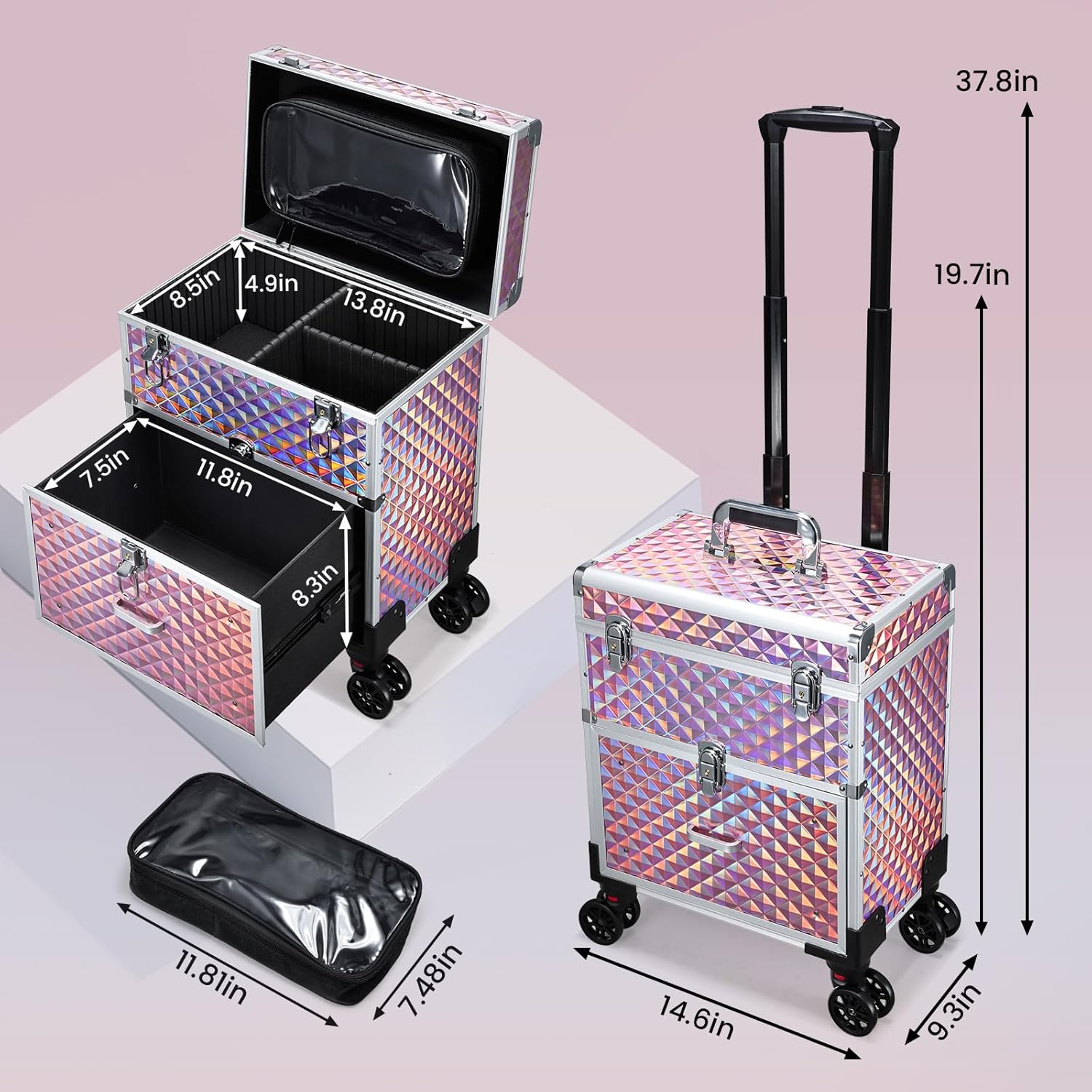 Adazzo Professional Rolling Makeup Case with Drawer for Makeup Artists Cosmetic Train Case Large Storage Case for Nail Technicians Cosmetology Case with Detachable Bag for Hairstylist Pink