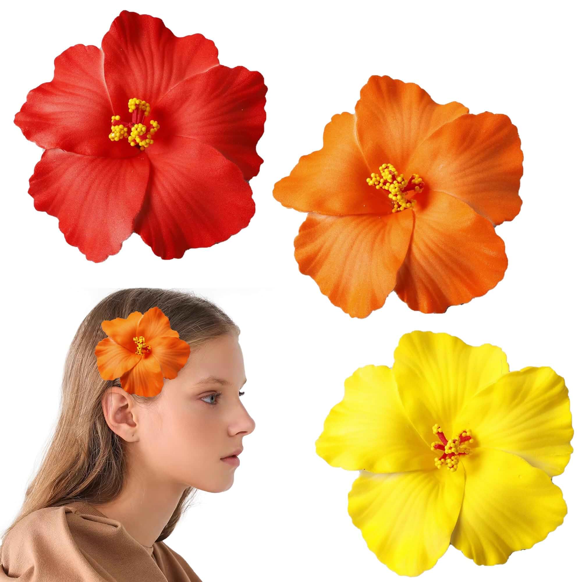 Hibiscus Hair Clip, 3-Pack Flower Hair Clip for Luau Parties Vibrant Red Orange Yellow, Large 4-Inch Flower, Durable PVC Build, Secure Alligator Clip