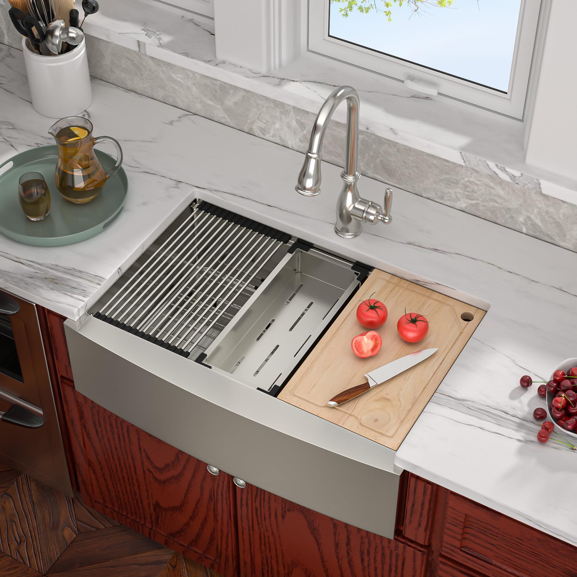 Photo 1 of 33 Farmhouse Kitchen Sink - Shinmou 33x22x9 Inch Apron Front Kitchen Sinks Stainless Steel Farm Sinks Single Bowl Workstation Kitchen Sink Basin 33''x22'' Stainless Steel-Workstation