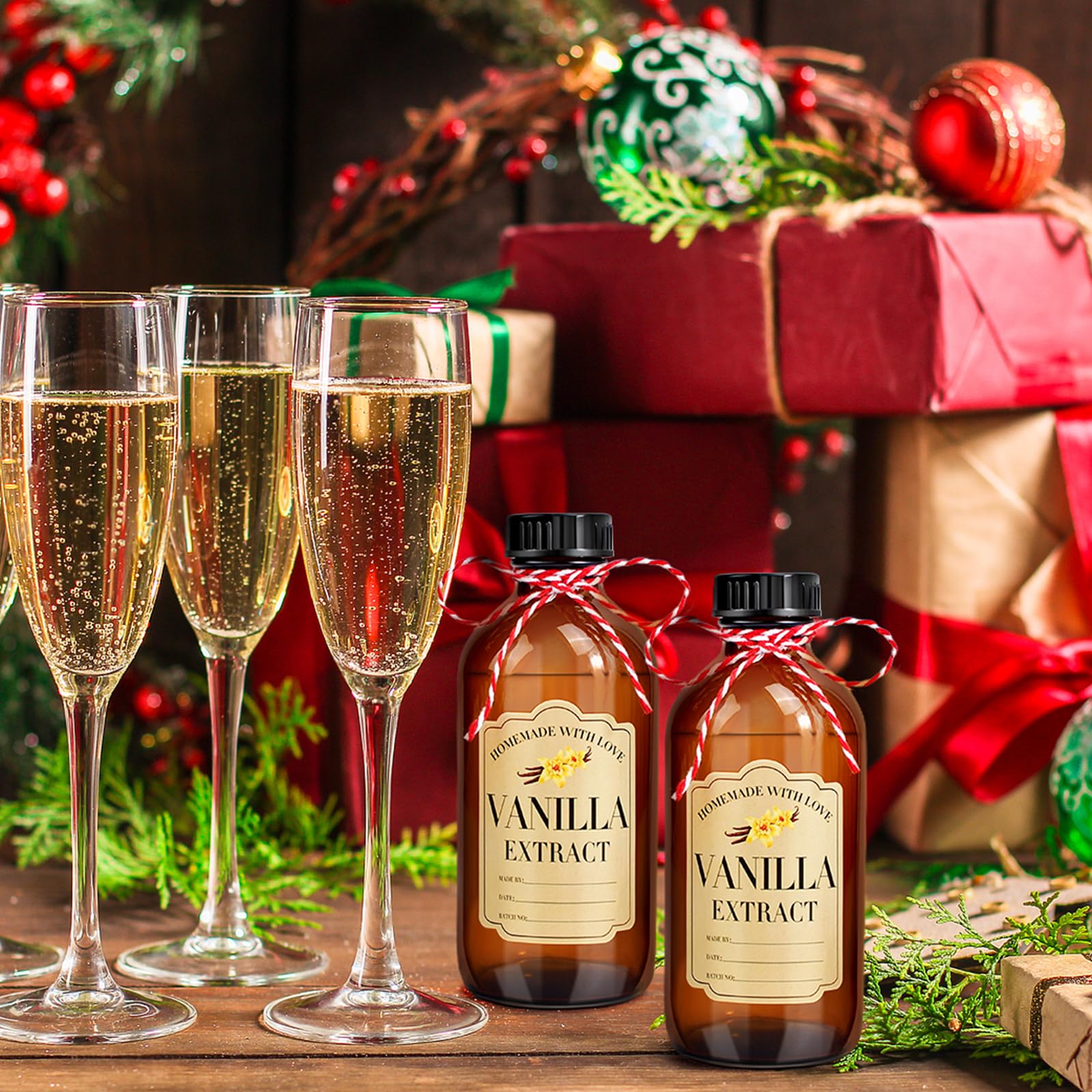16 botellas de vidrio ámbar de 8 onzas, botellas redondas Boston para extracto de vainilla casera, botellas de extracto de vainilla marrón con tapas para jarabe de regalo, recipiente de almacenamiento