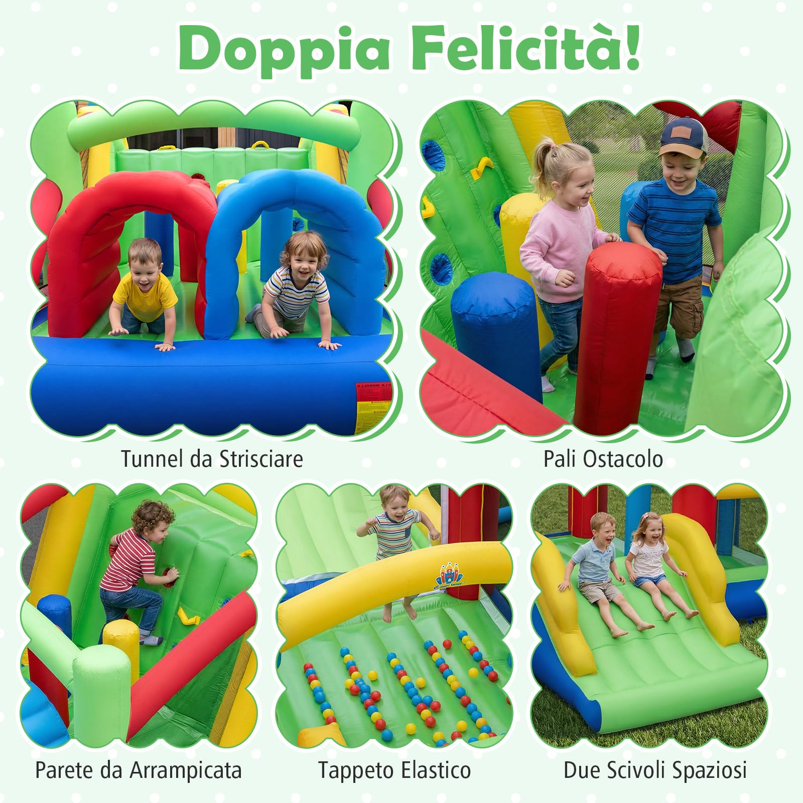 COSTWAY Castello Gonfiabile per Bambini, Parco Giochi Gonfiabile con Scivolo Lungo e Trampolino, Pali Ostacolo, Parete Arrampicata e Palline Oceaniche, per Bambini 3-12 Anni (Con Soffiatore)
