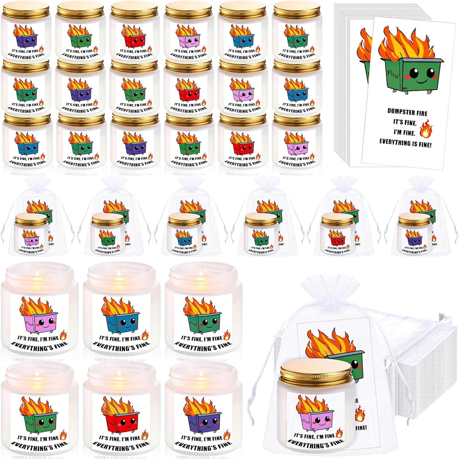 Nuanchu 144 Pcs Dumpster Fire Appreciation Gifts for Coworker Employee Anxiety Relief Gift Bulk 48 Scented Aromatherapy Candles 48 Dumpster Fire Cards and 48 Organza Bag for Team