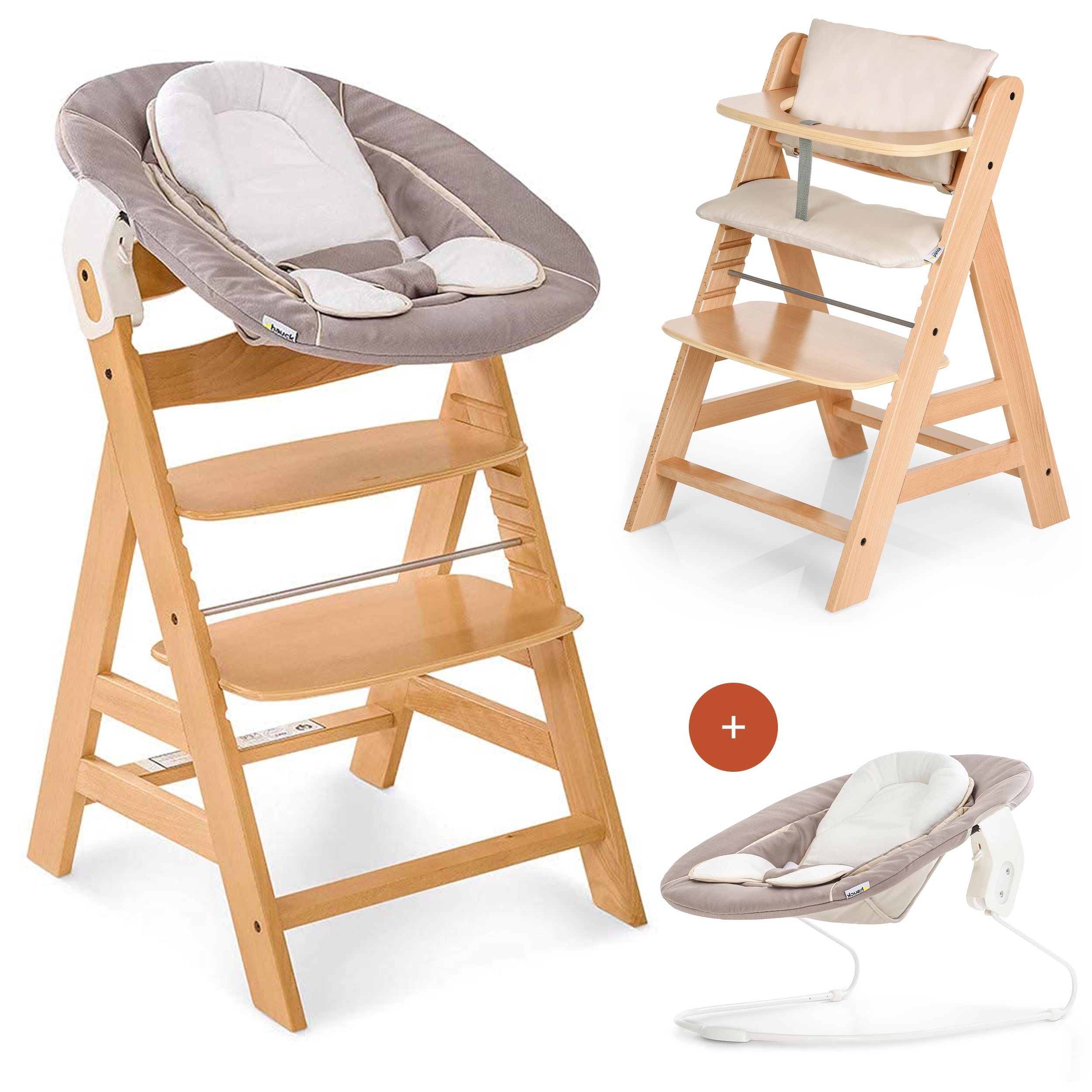 hauck Hochstuhl Alpha+ Newborn Set mit 2in1 Bouncer - Mitwachsender Holz Babyhochstuhl ab Geburt, inkl. Sitzauflage & Neugeborenenaufsatz - Natur