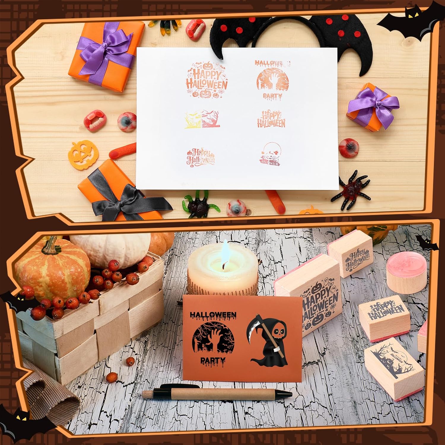 Supervitae 8 Pcs Halloween Wooden Rubber Stamp Set