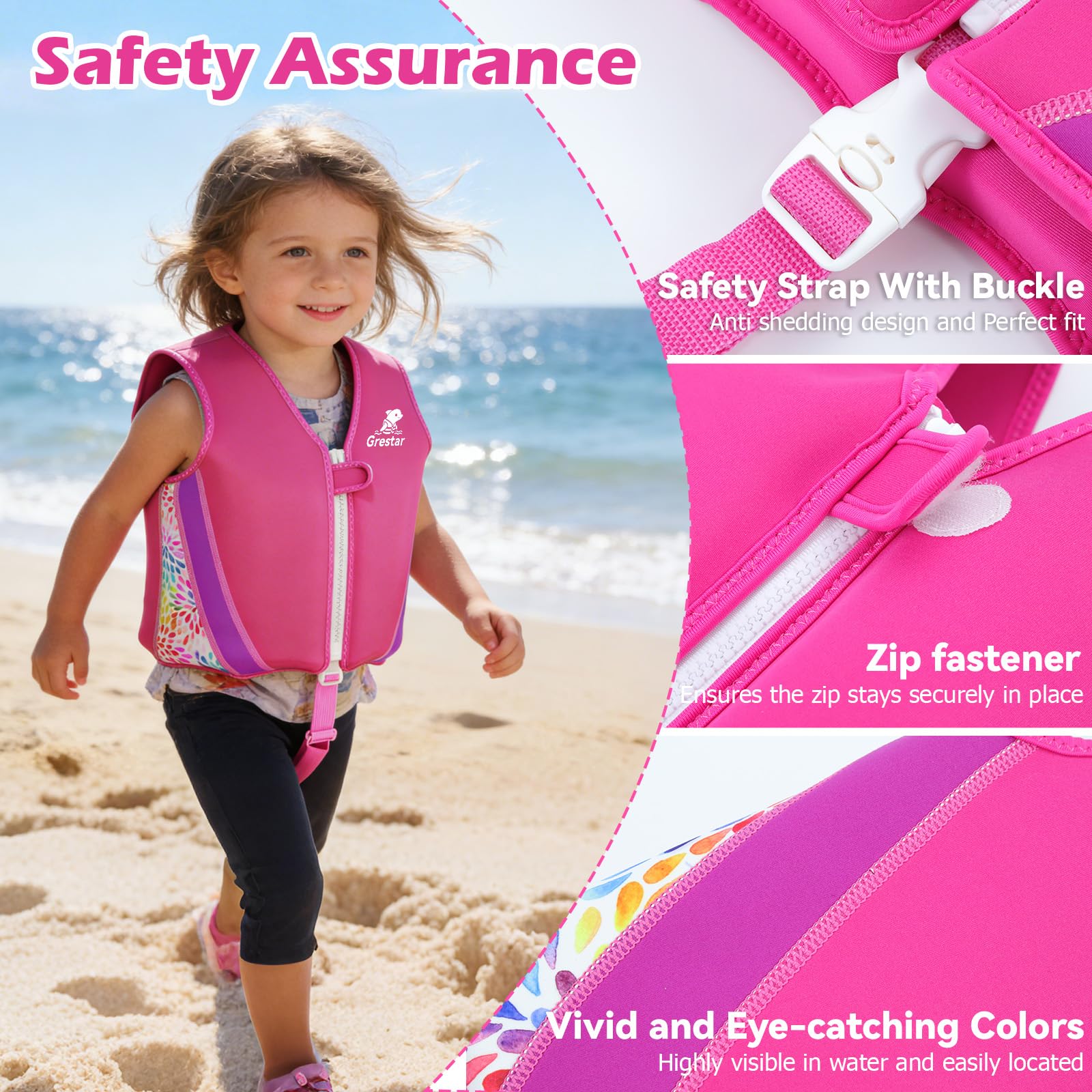 Chaleco Flotador Bebe y Niño de Neopreno, Grestar Chaleco Piscina Bebe 2 a 6 Años 15-30 kg, Chaleco Flotador Infantil con 8 Paneles de Flotación Extraíbles, Triple Seguridad, Correa Ajustable