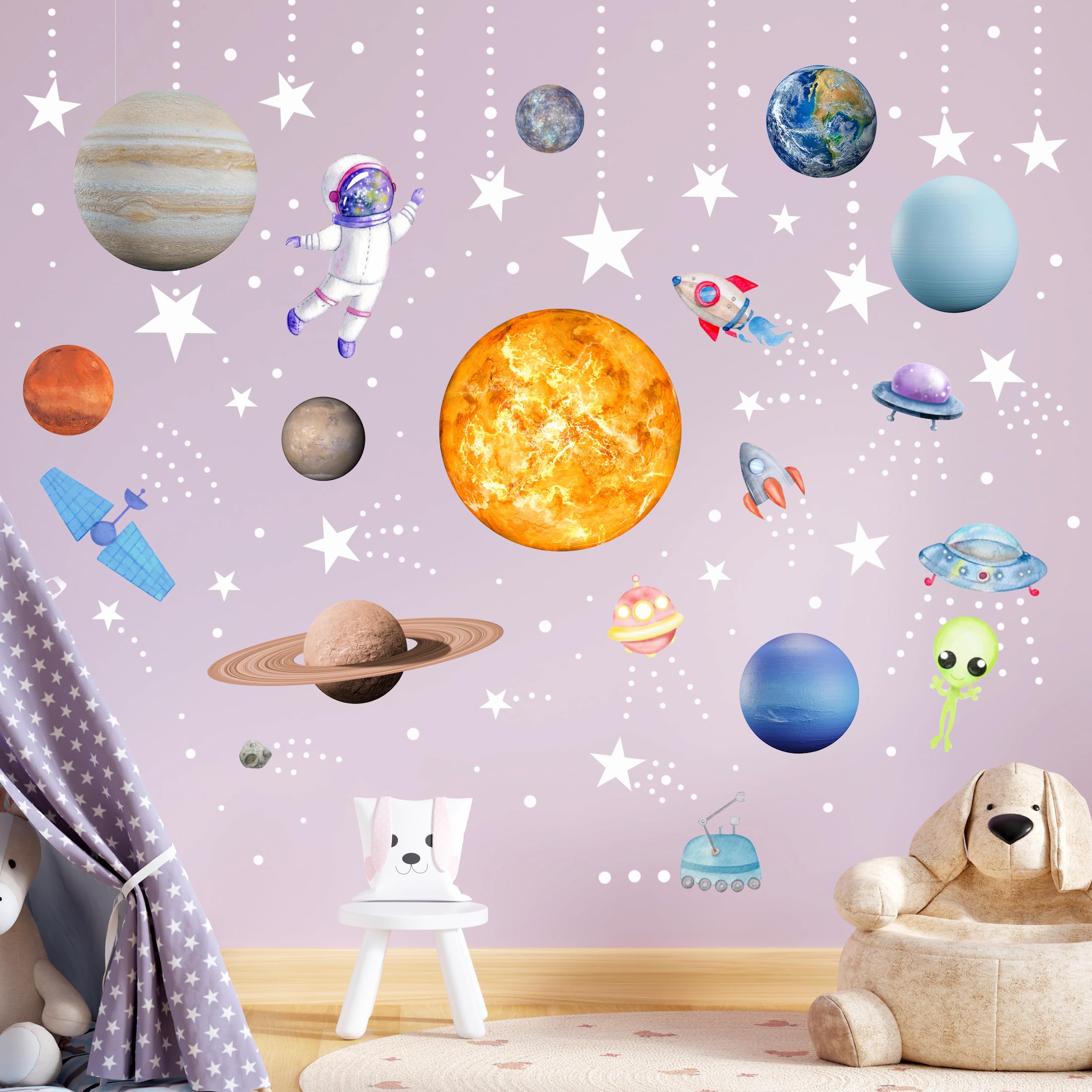 Adesivi da parete con stelle fosforescenti del sistema solare, sole e 8 pianeti principali, adesivi per soffitto, motivo astronauta, decorazione da parete per bambini (blu)