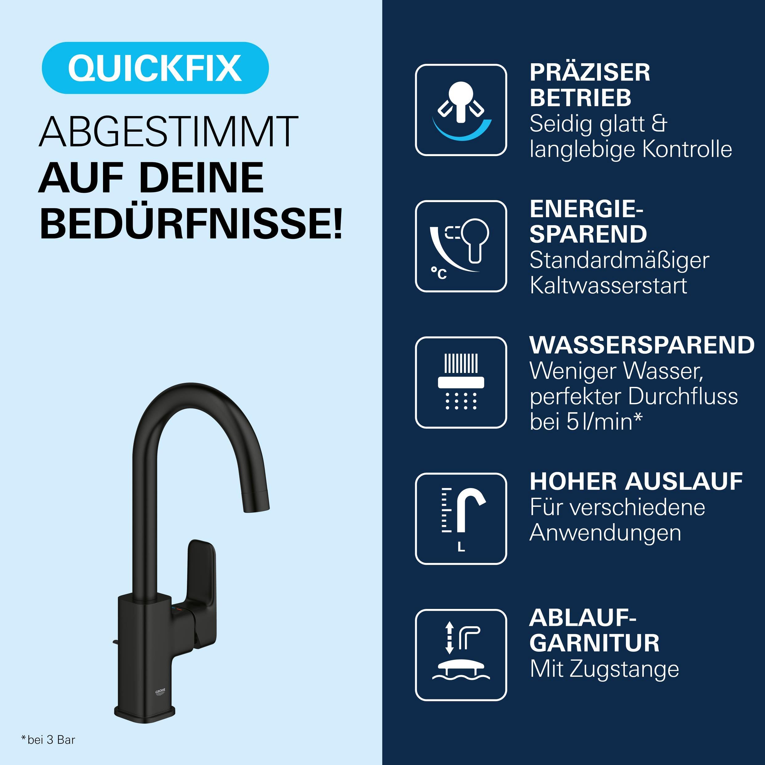 GROHE Dice, Waschtischarmatur hoch, wassersparend (Wasserhahn für das Bad, Badarmatur mit Zugstangen-Ablauf, 31cm hoch, mit 3in1 Werkzeug, einfache Installation), mattschwarz, 1018712430