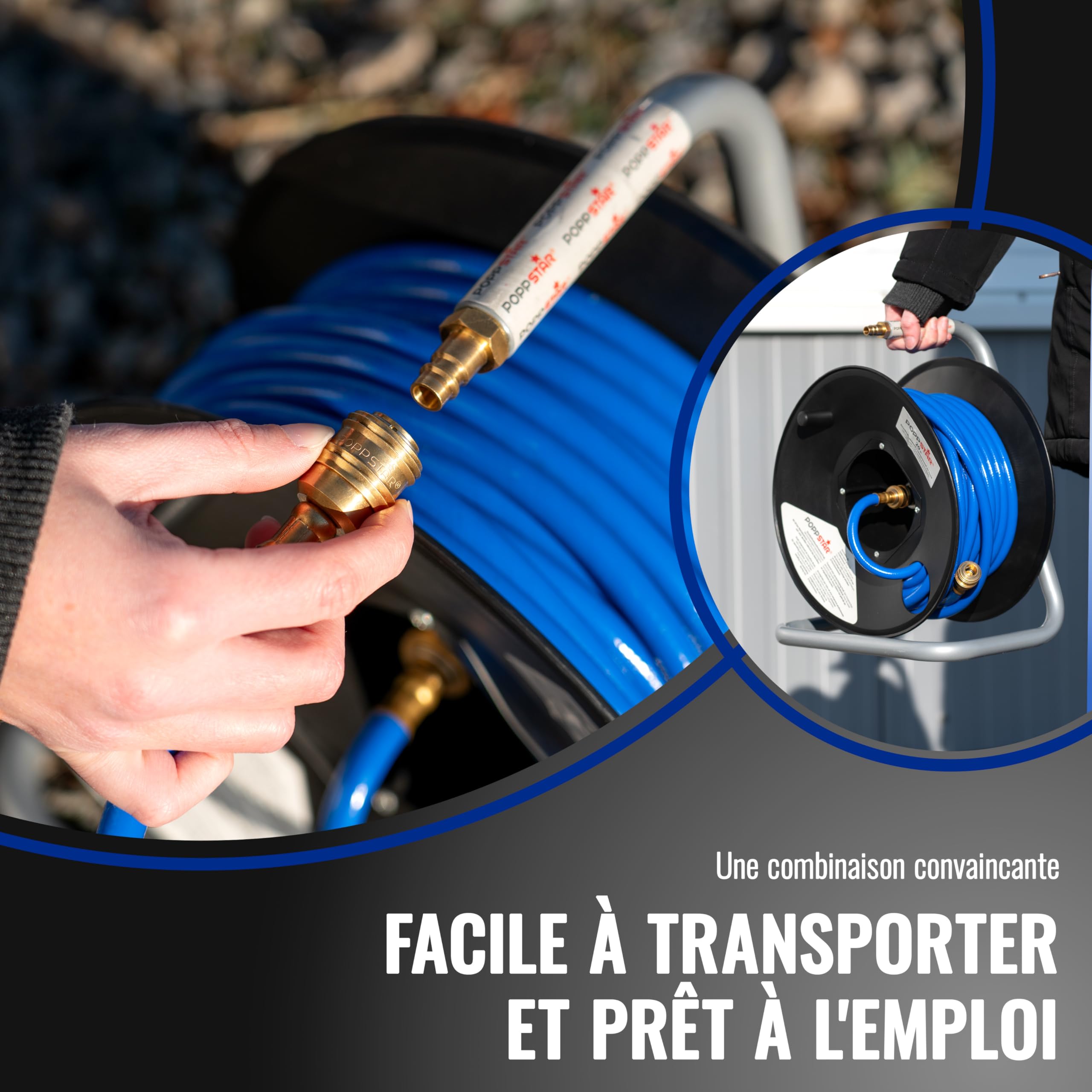 Poppstar Enrouleur de Tuyau d'Air Comprimé Manuel en PVC (20m+1,5m, Diamètre (6x11,5mm)), Raccords 1/4 Pouce BSPT