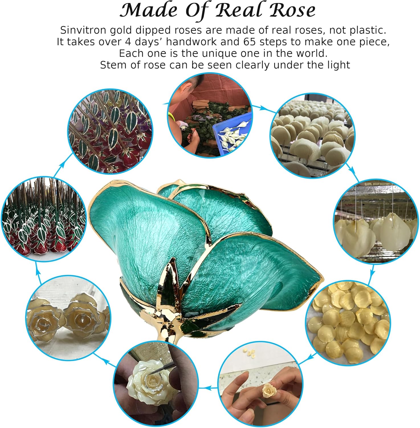 Sinvitron Gold Dipped Rose 24K Real Rose, Long Stem 24k Gold Plated Rose with Stand, Birthday Gift for Women,Gifts for Mom, Dipped Gold Rose for Anniversary, Mothers and Valentines Day (Light Blue) - Image 4