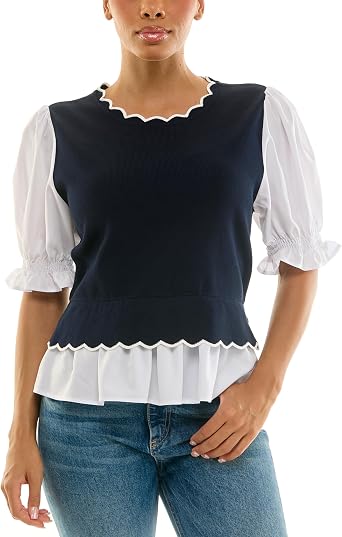Nanette Nanette Lepore Short Sleeve Combo Fabric Two-Fer Sweater with Poplin Sleeve and Underset, Nanette Navy/White, M