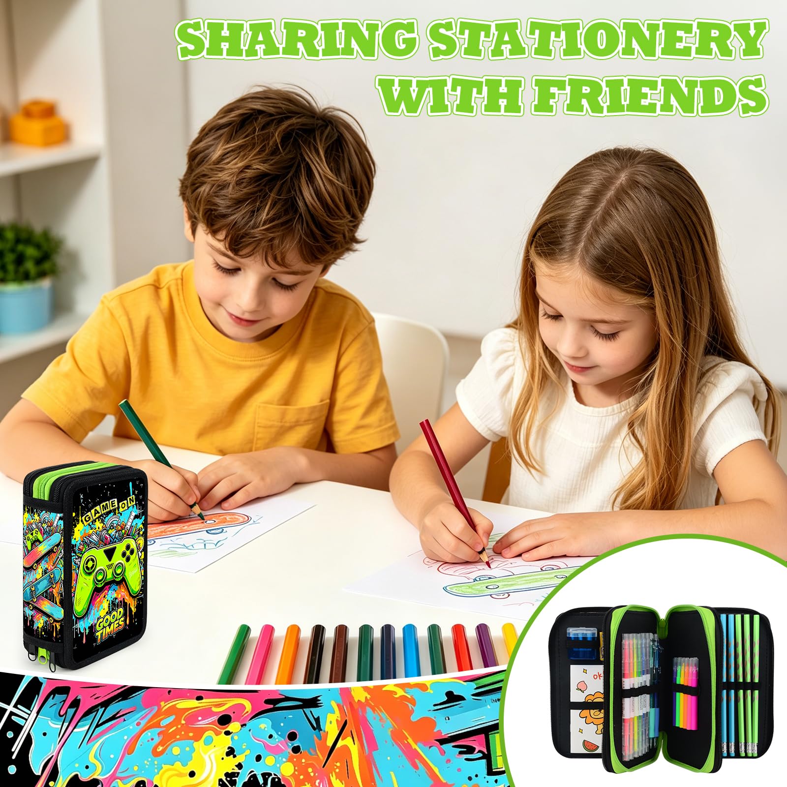 41 Artikel Federmappe Jungen, Federmäppchen 3 Fach Jungen Mäppchen Gefüllt Spiel Set, Federtasche 3 Fächer Einschulung Geschenke für Kinder Schüler mit Radierbaren Stiften, Textmarker, Buntstiften