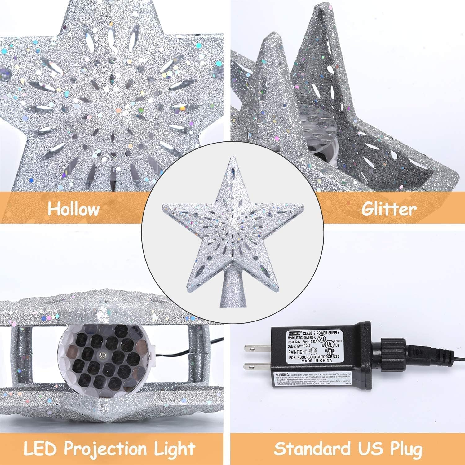 Christmas Tree Topper, Lighted Star Topper with LED Projector, Stars and Snowflakes Rotating Lights, Hollow Silver Glitter 3D Star Xmas Tree Topper Plug-in Powered for Christmas Tree Decorations