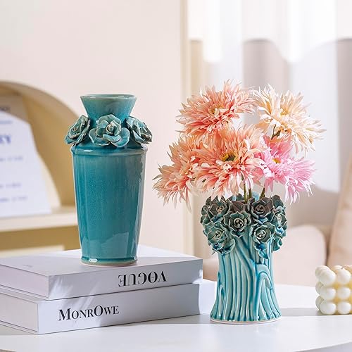 Miniatura 6 de Jarrón de flores azules de cerámica 3D hecho a mano para centros de mesa, floreros decorativos azules para recepción de boda, decoración del hogar,
