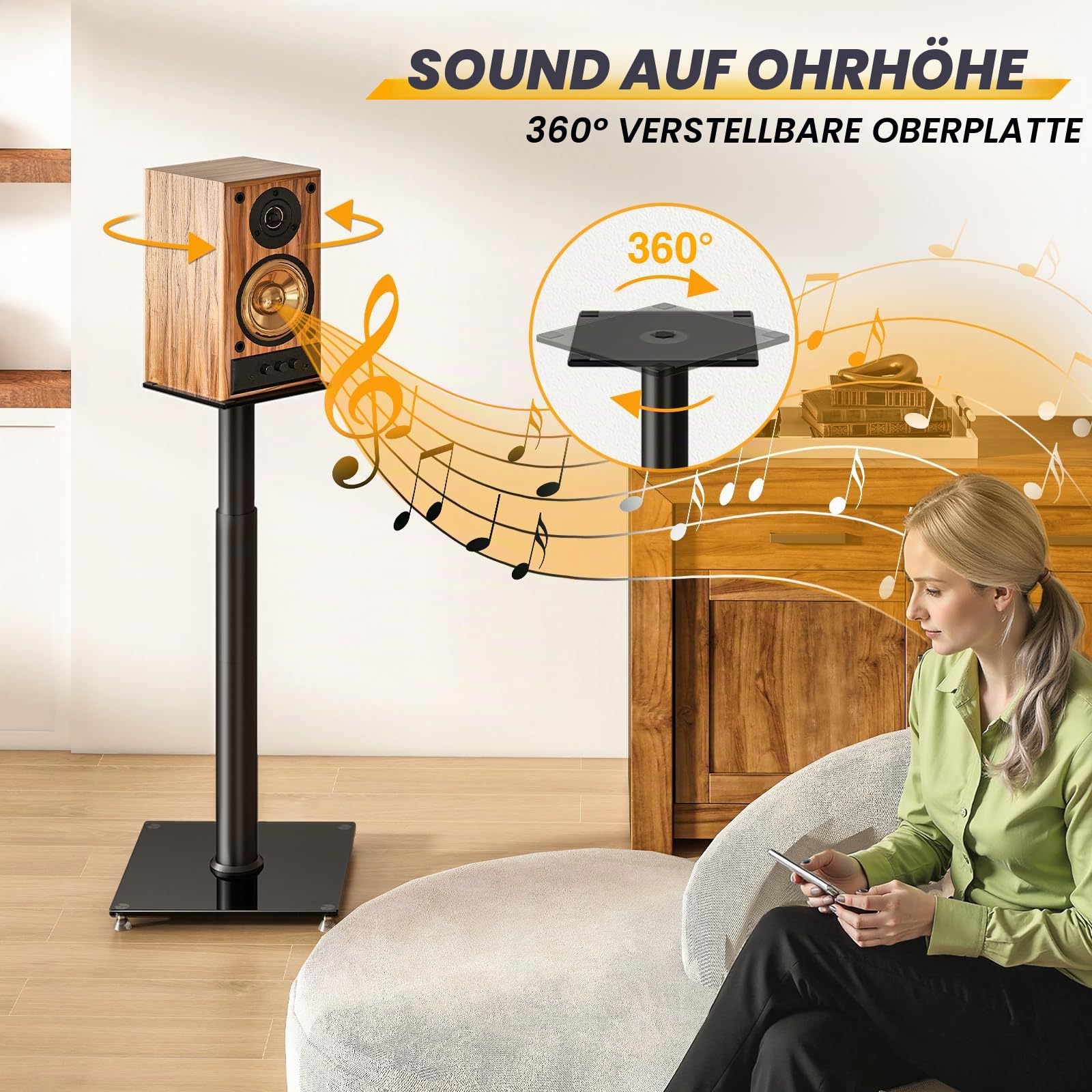 5Rcom Universal Lautsprecherständer, 2er Set, Bodenständer, höhenverstellbar 830-1100 mm, hält 5 kg, Kabelmanagement, einfache Montage, schwarz