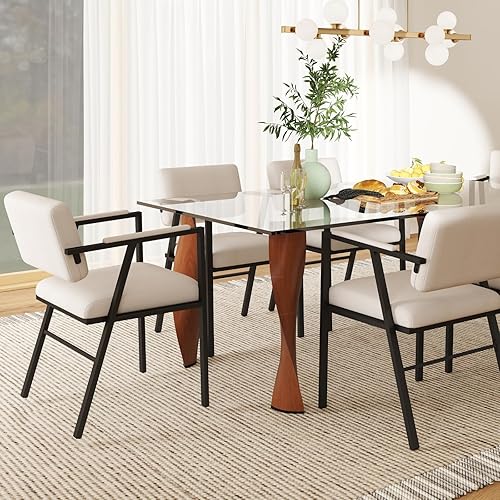 HEAH-YO Juego de 4 sillas de comedor modernas de lino, sillas de cocina tapizadas con respaldo abierto y reposabrazos, cómodas sillas laterales con