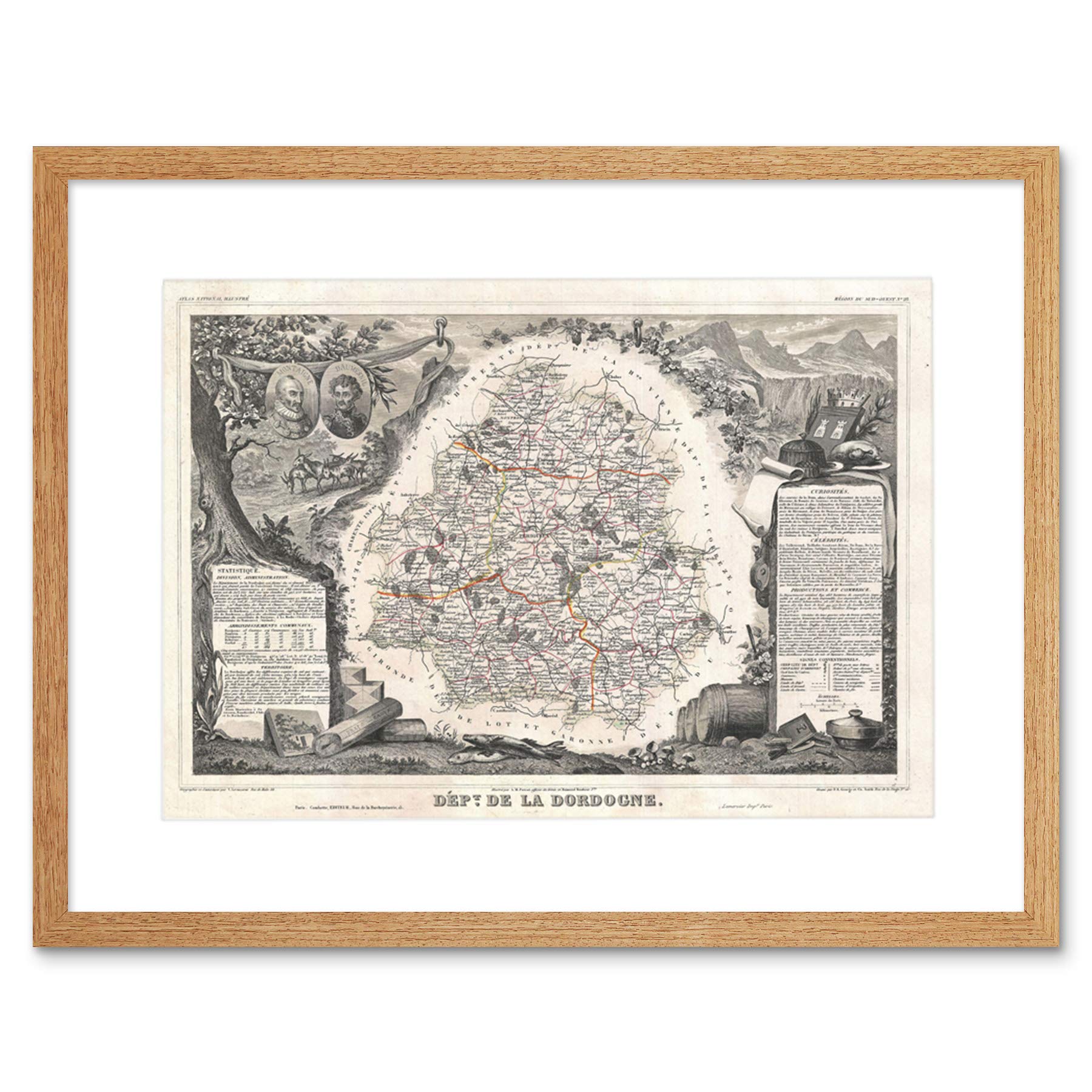 Wee Blue Coo Map Antique Levasseur Dordogne Department France Framed Wall Art Print