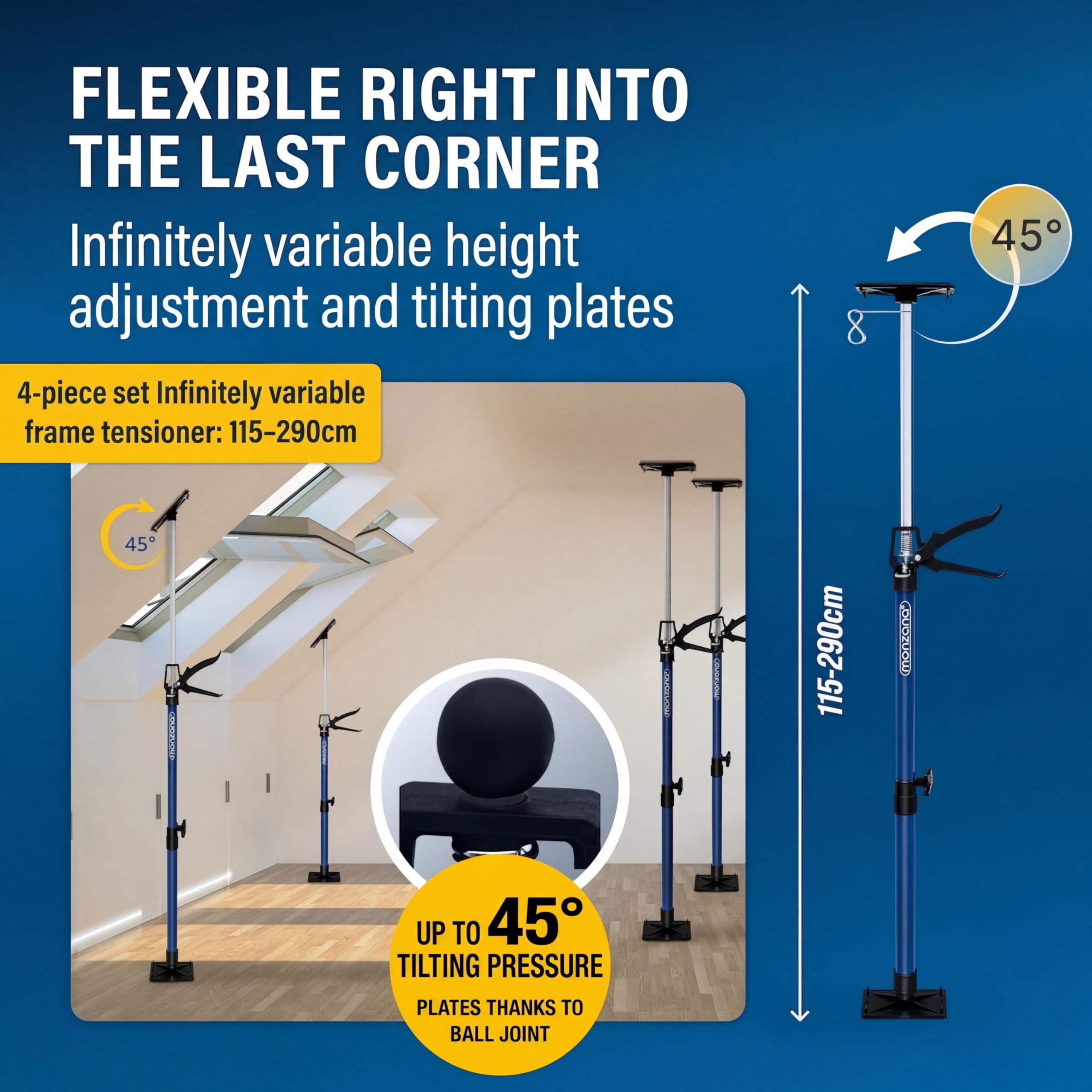MONZANA® Telescopic Plasterboard Support Props Set of 4 - Heavy Duty Drywall Home Improvement Tools for Plasterboard Fixing and Plaster Board Dry Wall Ceiling Installation — view 3