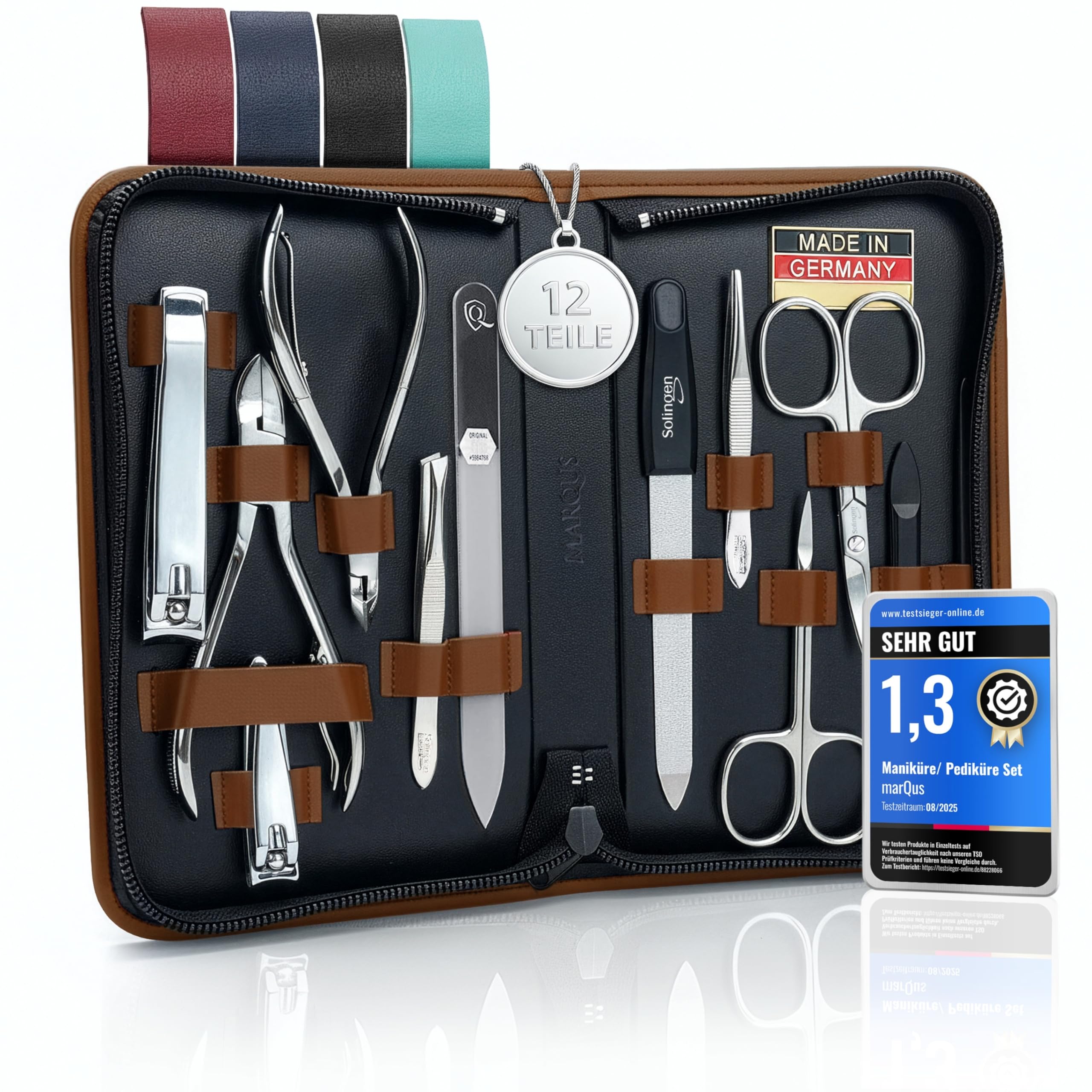 marQus Solingen Maniküre Set - 12 Teile in Echt Leder Etui handlich und weich - Komplettes Kit mit allem für die Hand- und Fußpflege, Nagelset Braun