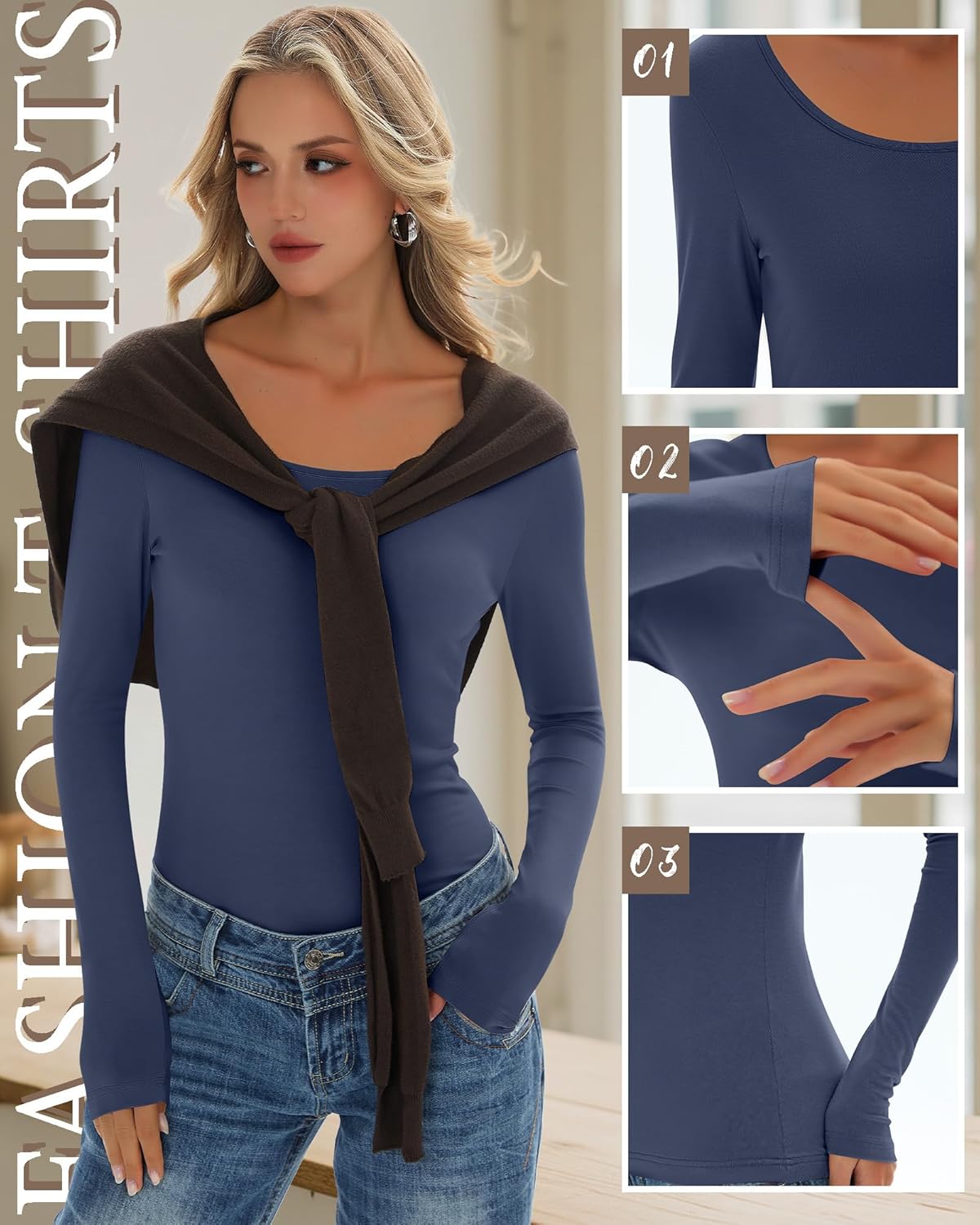 7 Pack Women's Long Sleeve Shirts Multipack Scoop Neck Tops Slim Fit Undershirt Basic Layer Winter - Image 5