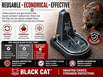 Black Cat Rat Trap - Powerful Quick-Kill Snap Trap for Rats – Reusable, Easy-Set Rodent Control for Home, Garden, Garage & Farm