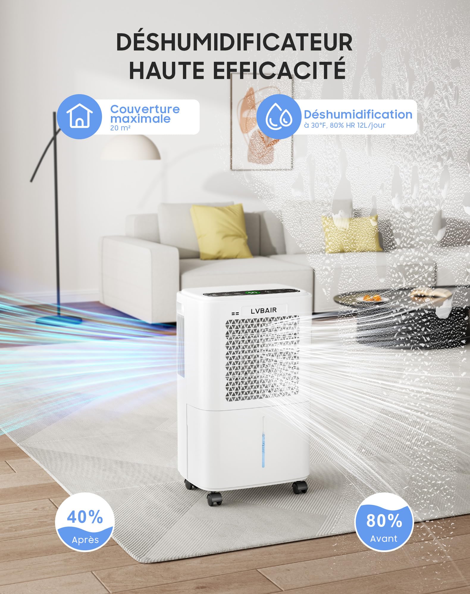 Deshumidificador eléctrico de 12 l/día, potente deshumidificador, ahorro de energía, portátil, 3 modos y control inteligente de humedad, deshumidificador eléctrico