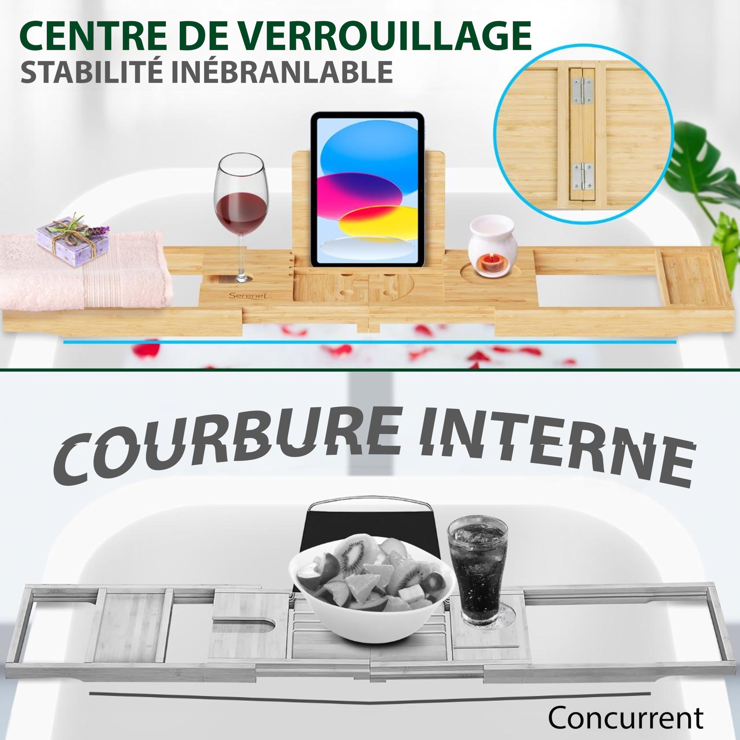SereneLife Plateau Baignoire - en Bambou avec Design Pliable et Verrouillable-Plateau Salle de Bain Extensible de 76 cm à 109 cm-Charnières Pliantes pour Un Rangement Facile-Planche de Bain