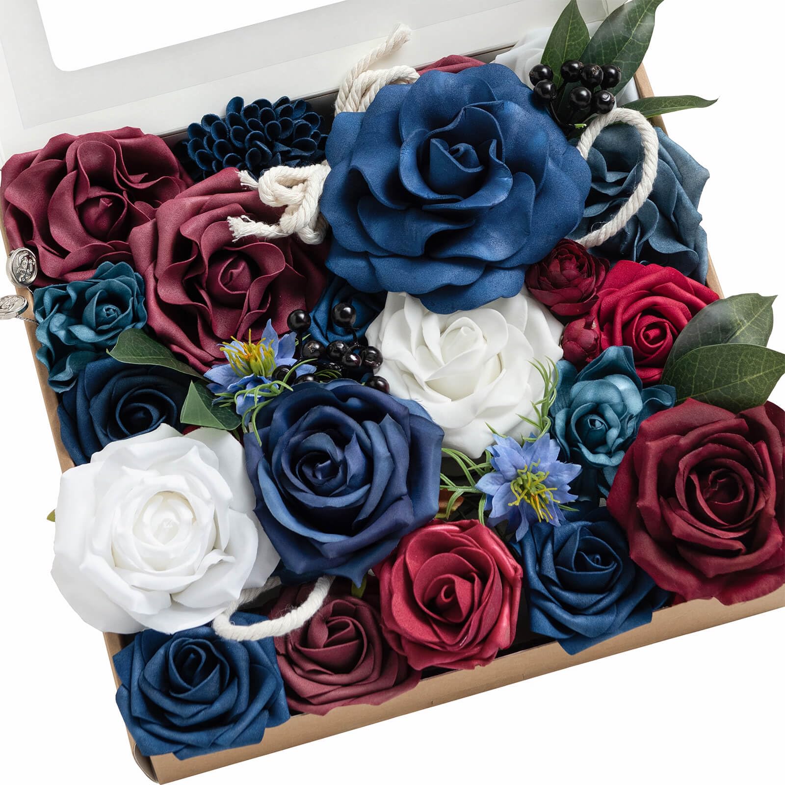 Ling's MomentFake Flowers Box, Foam Rose Artificial Faux Greenery Stems Silk Ranunculus for Wedding Bouquets Centerpieces Table Decorations Backyard Floral Arrangement, Navy Blue & Red, Grand Combo