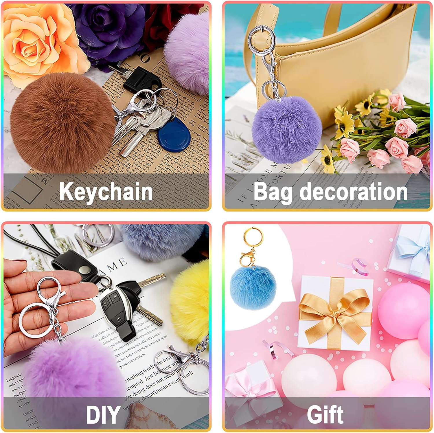 BQTQ 18 Pieces Pom Pom Keychain Rabbit Faux Fur Ball Keychain Fluffy Pom Pom Keychain Pom Pom Puff Ball with Keychain Hooks - Image 5