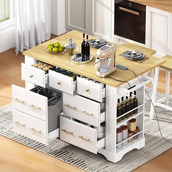 51.2" Kitchen Island with Drop Leaf, Pull Out Trash Can Storage, Power Outlet & 5 Open Side Racks, 6 Drawers Rolling Kitchen Cart on Wheels for Kitchen, Dining Room, White