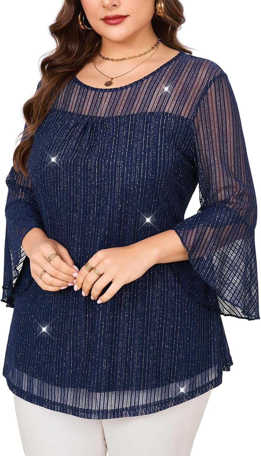 ZOMVA Women's Plus Size Ruffle 3/4 Sleeve Blouses Casual Elegant Dressy Crew Neck Double Layers Sparkly Mesh Tunic Tops
