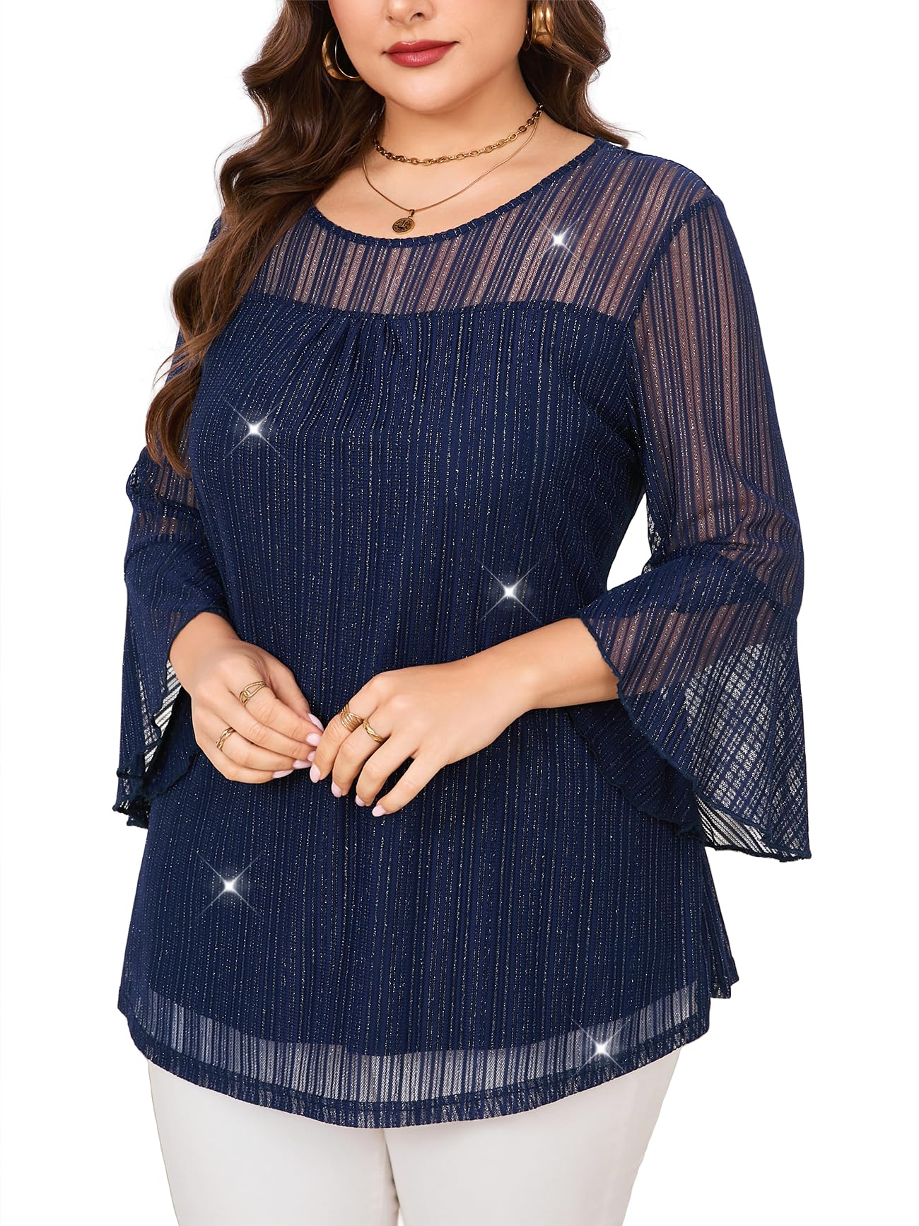 ZOMVA Women's Plus Size Ruffle 3/4 Sleeve Blouses Casual Elegant Dressy Crew Neck Double Layers Sparkly Mesh Tunic Tops