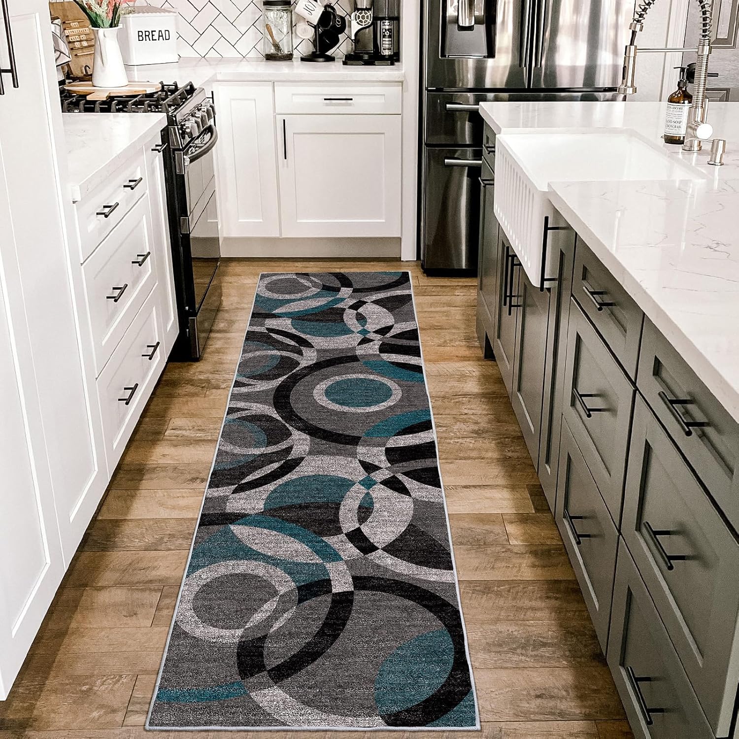 Washable Modern Blue Black Grey Runner Rug - 2x6 Feet Soft Faux Wool Rug Abstract Circles Line Design Runner Rugs for Hallway, Bedroom, Non-Slip Bedside Rugs 2'x6', Blue/Black/Grey