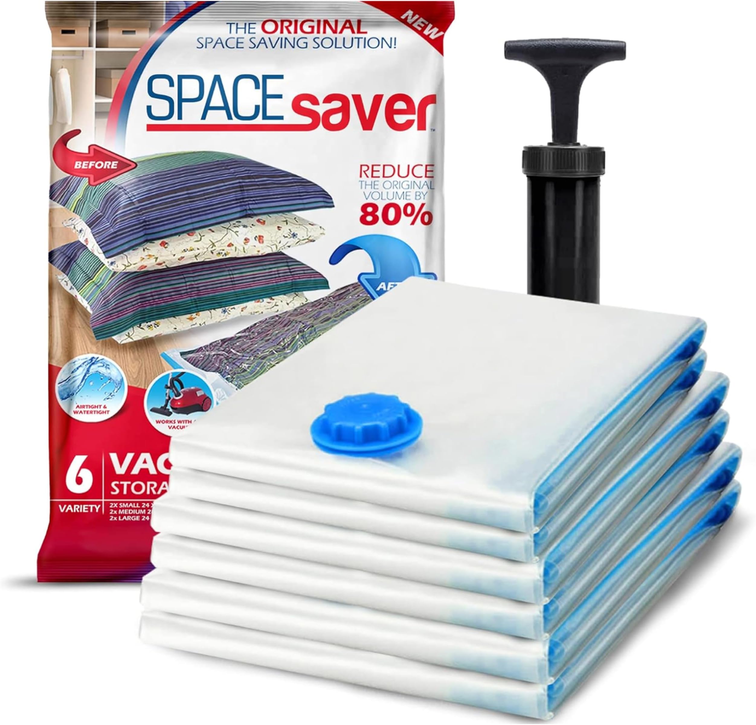 Spacesaver Jumbo Vacuum Storage Bags for Clothes - 100 x 80 cm Vacuum Bags and Space Saver for Comforters and Blankets - Compression Seal for Closet Organization with Hand Pump for Travel - Pack of 6