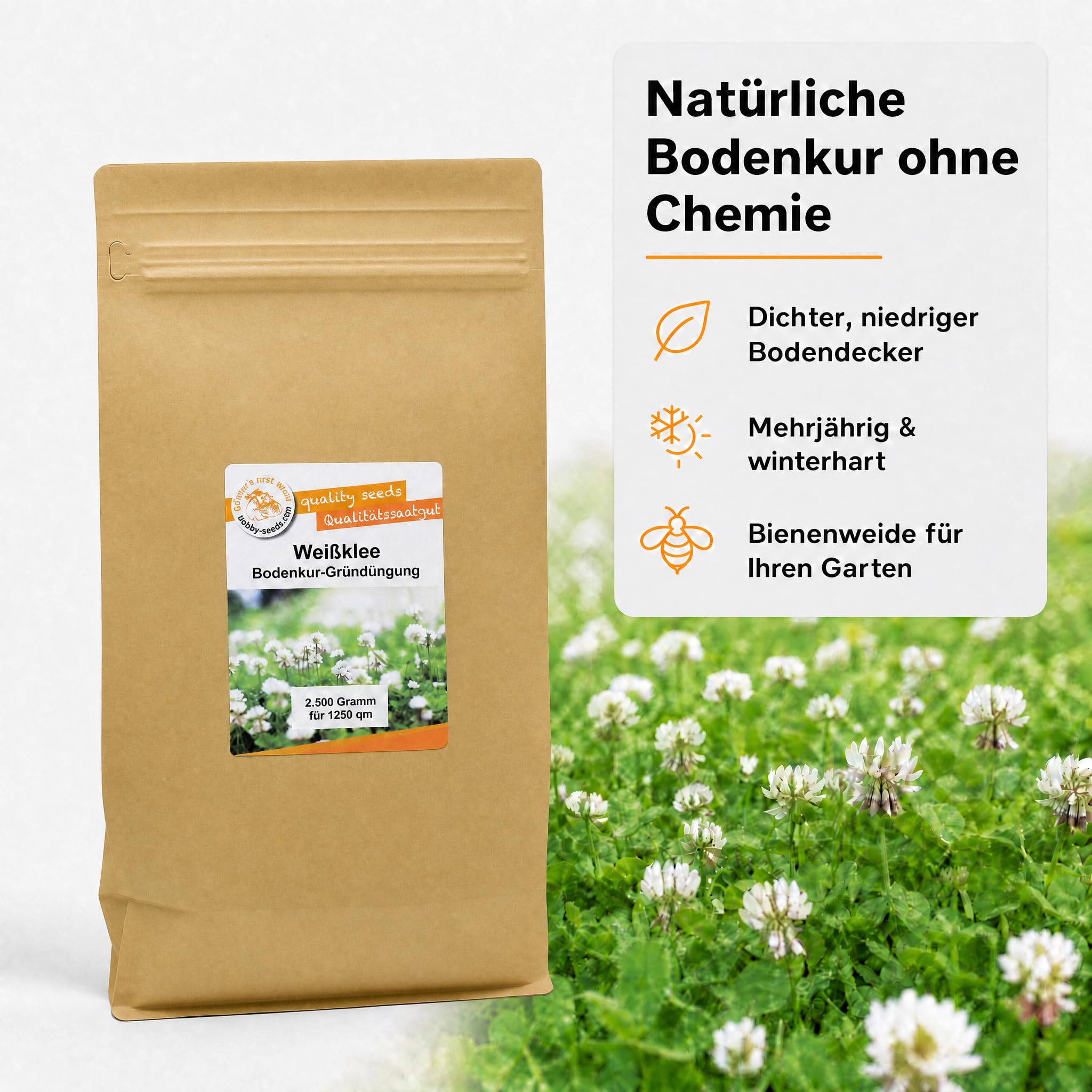 Gärtner's erste Wahl! Bobby-Seeds Weißklee Samen 2500 g für ca. 1250 m², Saatgut ohne Gentechnik für Gründüngung und Bodendecker, mehrjährig und winterhart, Keimfähigkeit geprüft