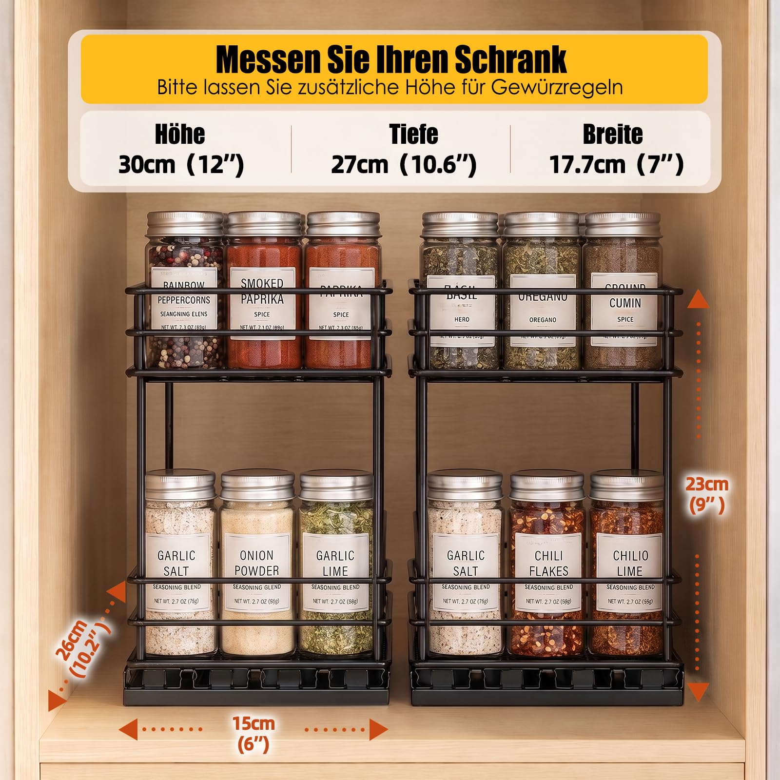 EasyVibe Ewürzregal Ausziehbar für Küchenschrank, 2 Stück, 15cm Breit Gewürzregal Ausziehbar Schrank, Gewürzregal Herausziehen Organizer, Küchenschrank Regal