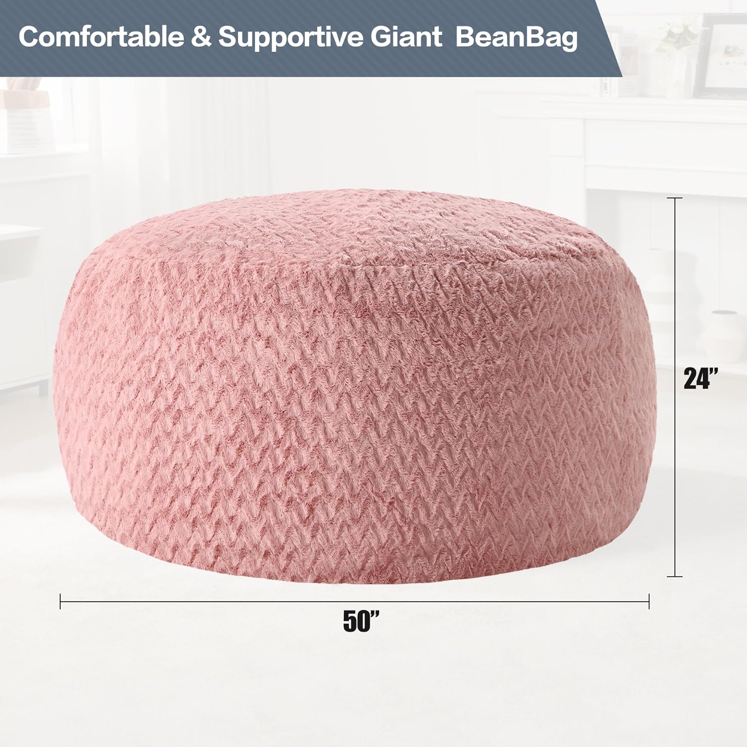 5ft Bean Bag Chairs for Adults Large Beanbag Chair with Chevron Plush Fur Cover Big Bean Bag Chair for Living Room Bedroom Dorm (Pink) - Image 2