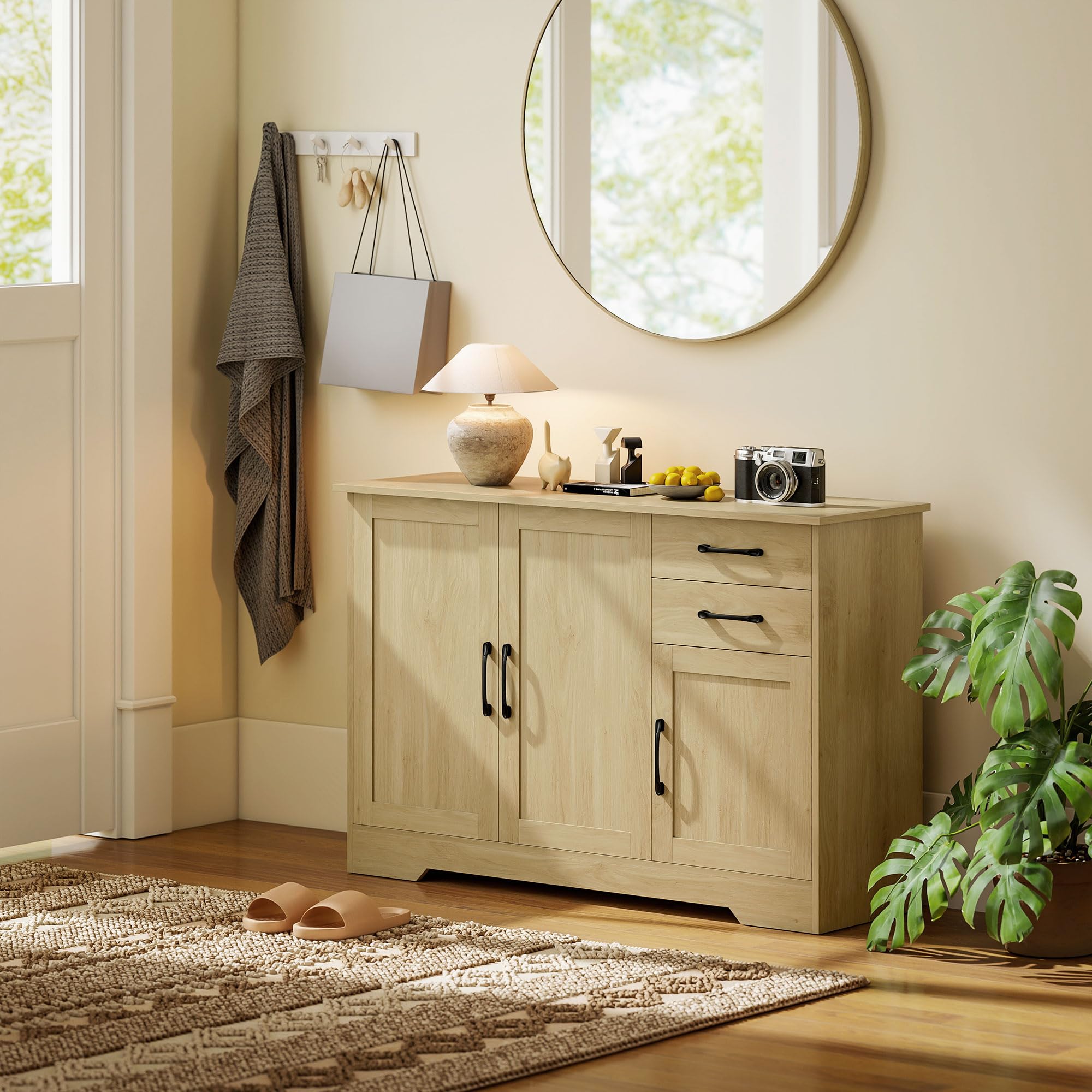 HOMCOM Aparador 3 Puertas, Aparador para Salón Rústico Moderno, con 2 Cajones, Estante Ajustable, Bisagra Cierre Suave, para Comedor, Entrada, Dormitorio, Natural, 120x38x79 cm