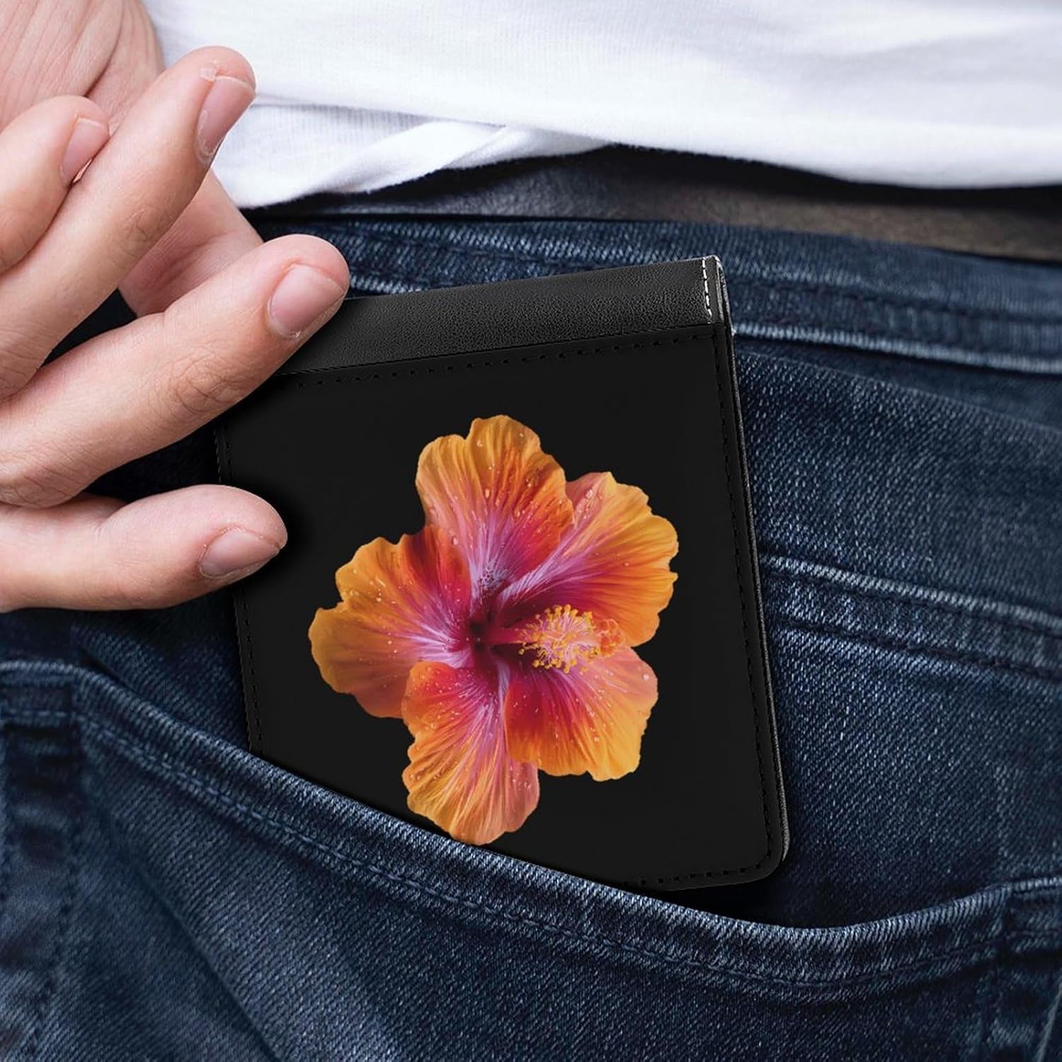 Orange Hibiscus Flower Novelty Wallet Soft Slim Front Pocket Bifold Purse with ID Credit Card Holder