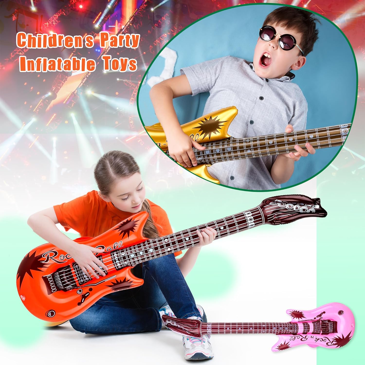 42 Pcs Inflatable Guitars Include 24 Pcs 37.4 Inch Blow up Guitar and 18 Pcs 21.7 Inch Inflatable Rock Star Guitar with 2 Red Air Pump for 80s 90s Party Hip Hop Theme Birthday Supplies