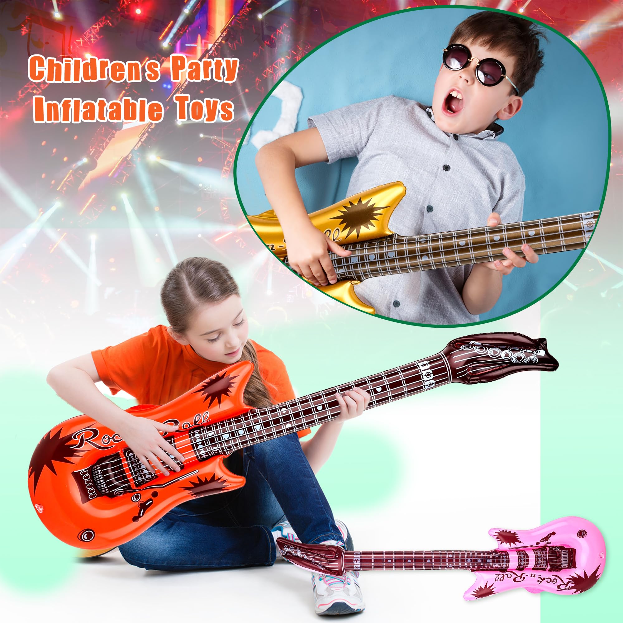 42 guitarras inflables incluyen 18 guitarras inflables de estrella de rock de 21.7 pulgadas y 24 guitarras inflables de 37.4 pulgadas con 2 bombas de aire rojas para fiestas de los años 80 y