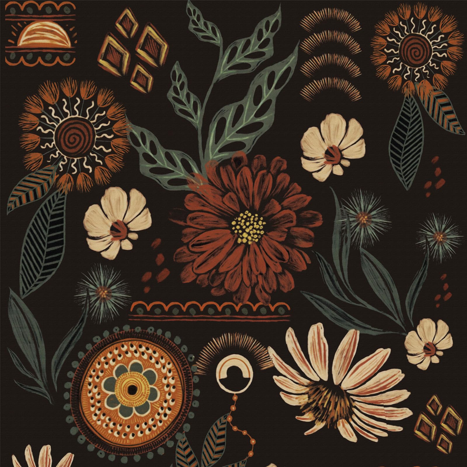 Black Floral Wallpaper,44 x 600cm Colorful Flower Peel and Stick Wallpaper Retro Boho Brown Green Flower Leaf Plants Wall paper Self Adhesive Furniture Wrap for Living Room,Bathroom,Drawer,Cabinets — image 1