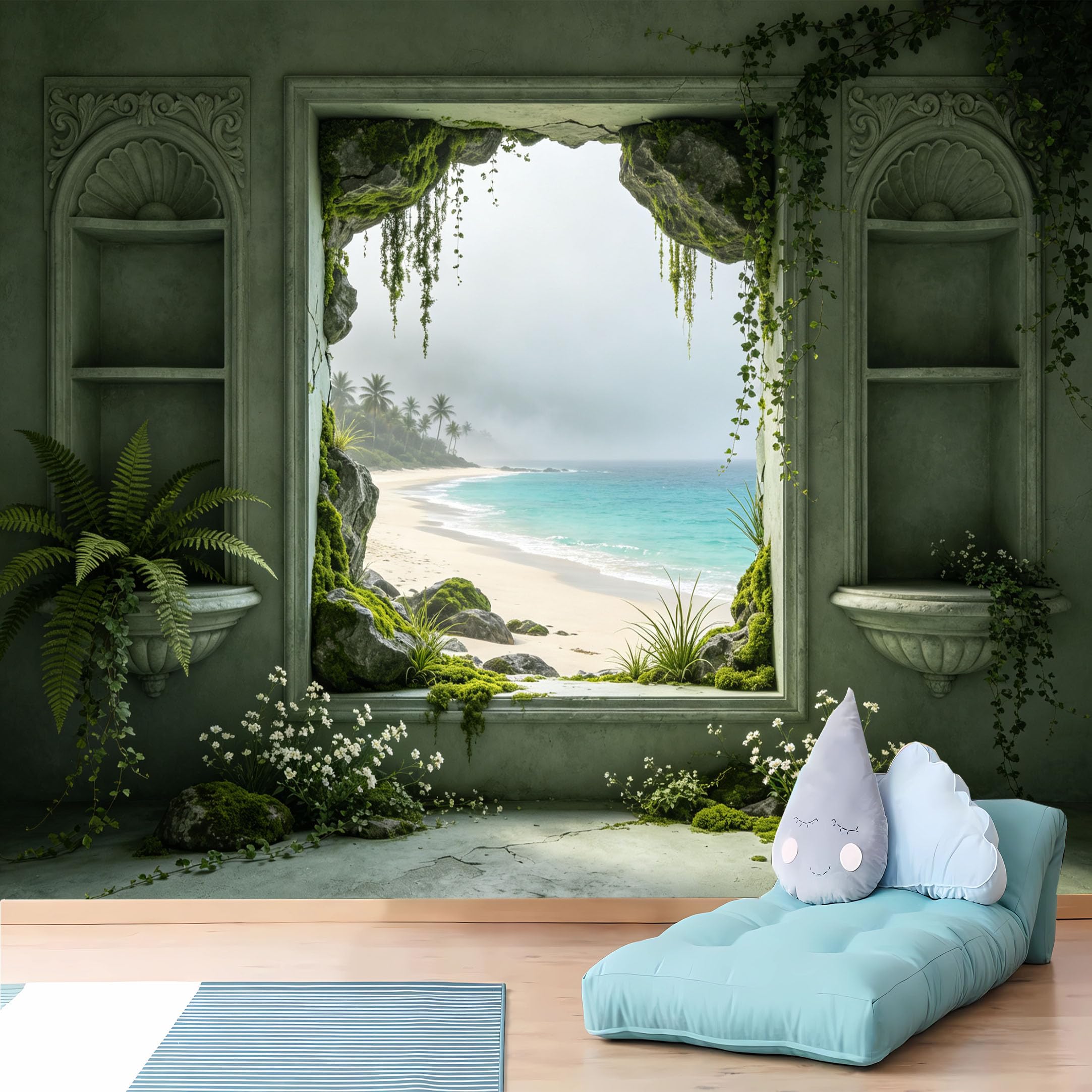 Custom Size Wall Murals Tropical Beach Through Mossy Window Wall Murals Ocean View Wallpaper HD Self-Adhesive Removable Wallpaper for Living Room Bedroom