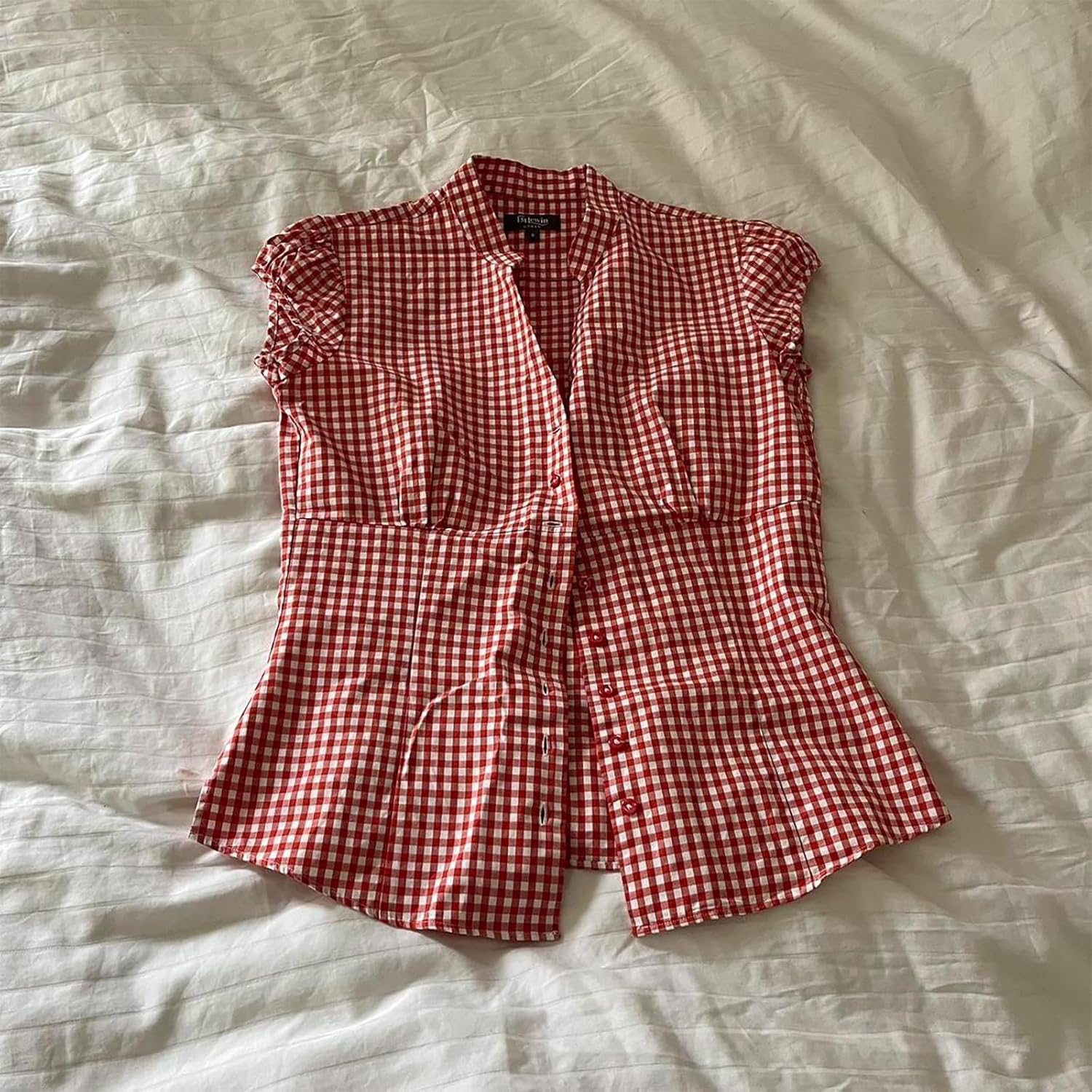 Women's Plaid Button Down Shirt Short Cap Sleeve V Neck Casual Blouse Tops for Woman - Image 5