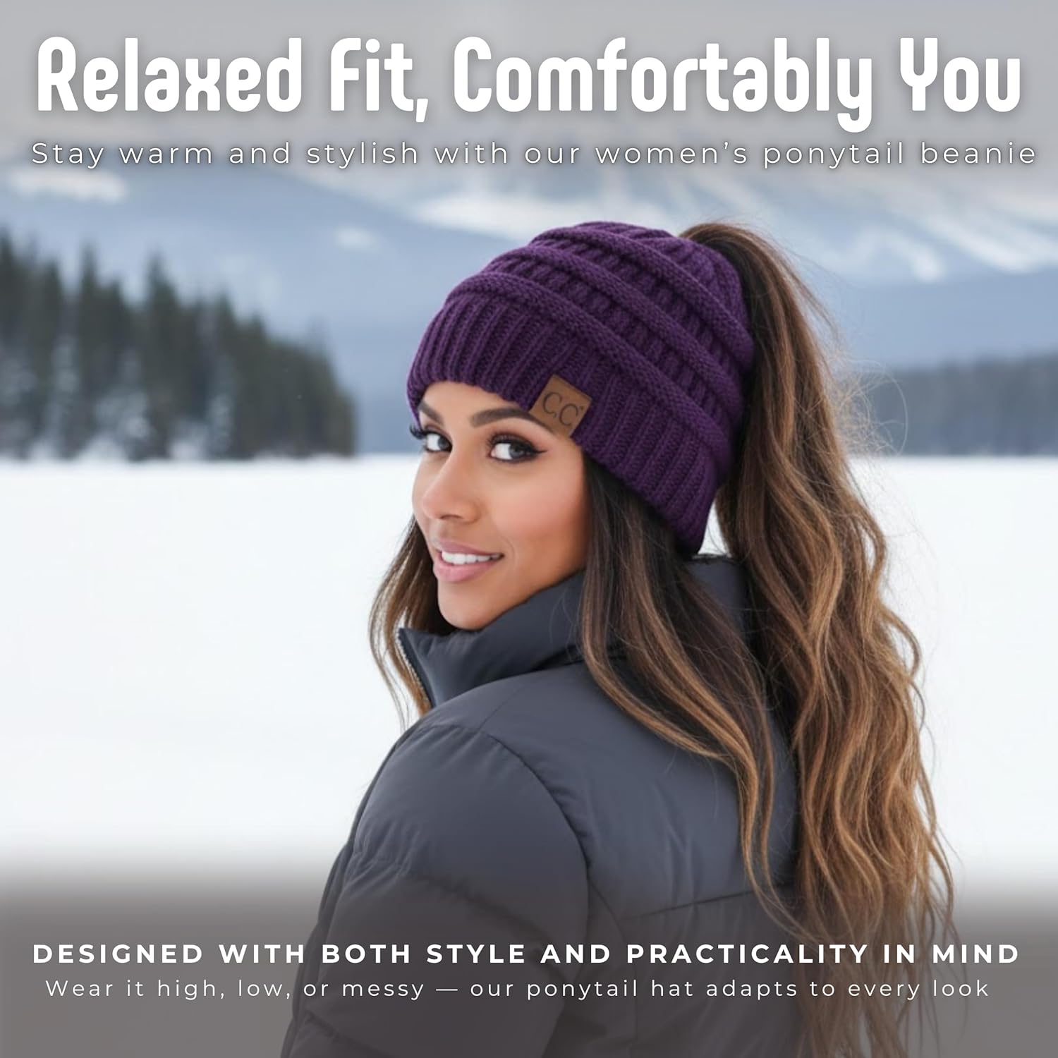 Funky Junque Women's Messy Bun Ponytail Beanie - Soft Knit Winter Hat with Hole for Ponytail