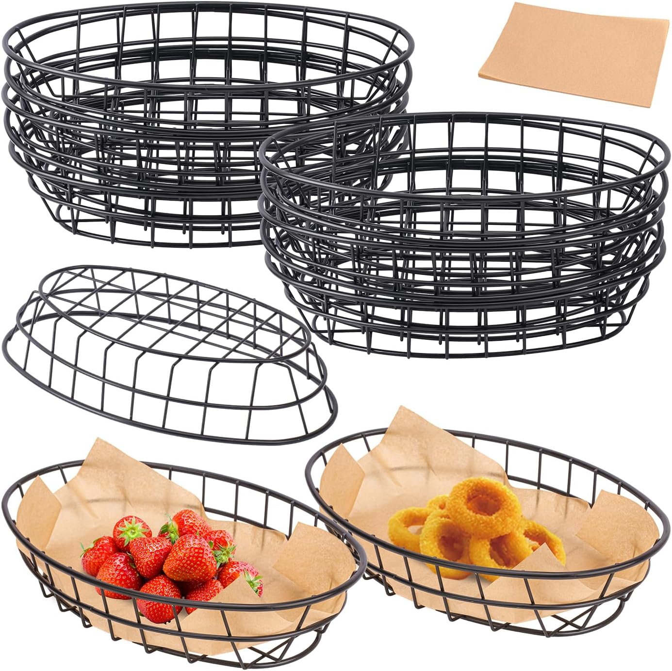 13 Pack Wire Bread Basket with 50 Sheets Deli Wrappers Paper, 9.65 x 6.1 x 2.17 Inch Metal Oval Bread Basket for Food & Fruit Serving – Durable Black Wire Baskets for Home & Kitchen