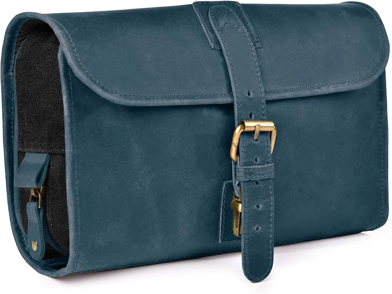 Necessaire suspensa de couro LEATHER VILLAGE azul para viagem