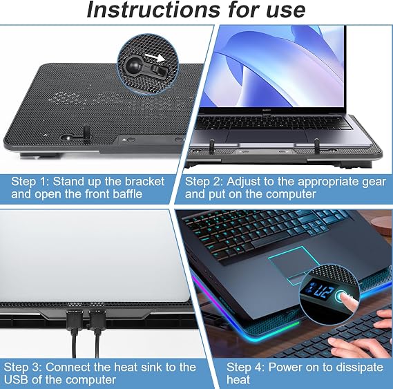 Laptop Cooling Pad, 8-Fan Adjustable Laptop Cooler Quiet with RGB LED Display, 7-Level Height Stand for 12-17 Inch Notebook, Dual USB Ports & Phone Holder, Manual Speed Control