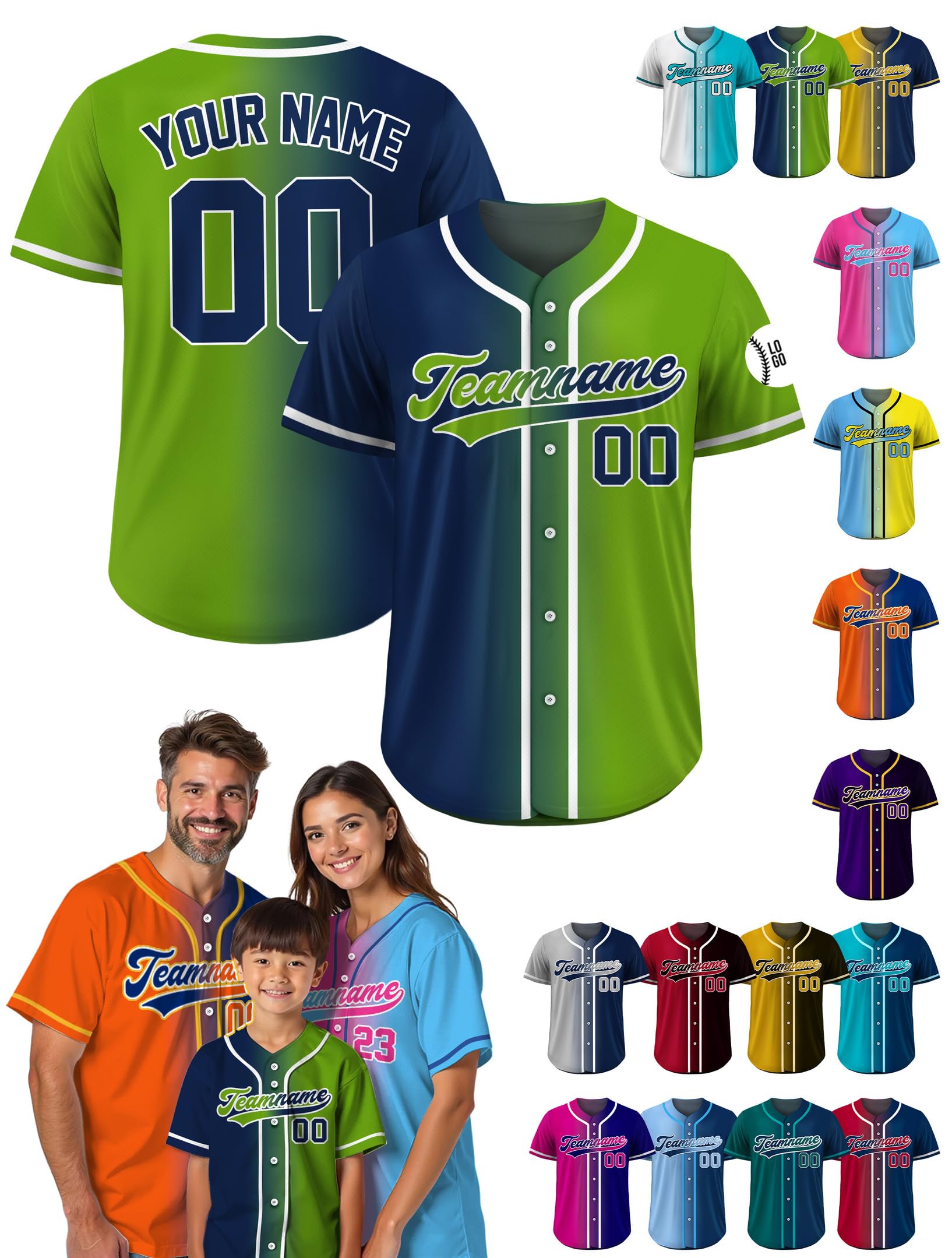 Custom Baseball Jersey – Personalized Name, Number & Logo, Gradient Neon Green Navy Button Up Jersey for Men, Women, Youth, Toddlers