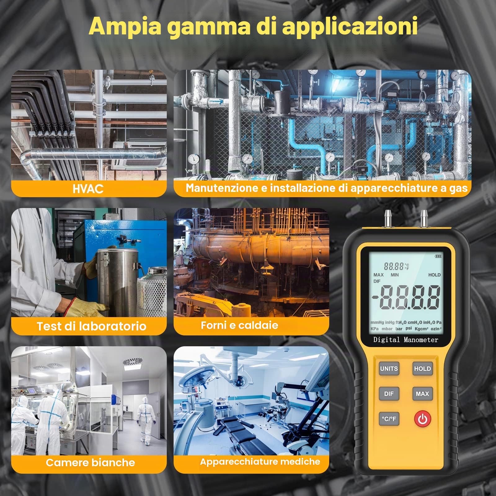 Manometro Digitale Palmare Professionale Manometro Differenziale Digitale per Gas Tester di Pressione del Gas HVAC Manometri Portatile con Connettore a Doppio Tubo, Ampio Display LCD e 12 Unità di