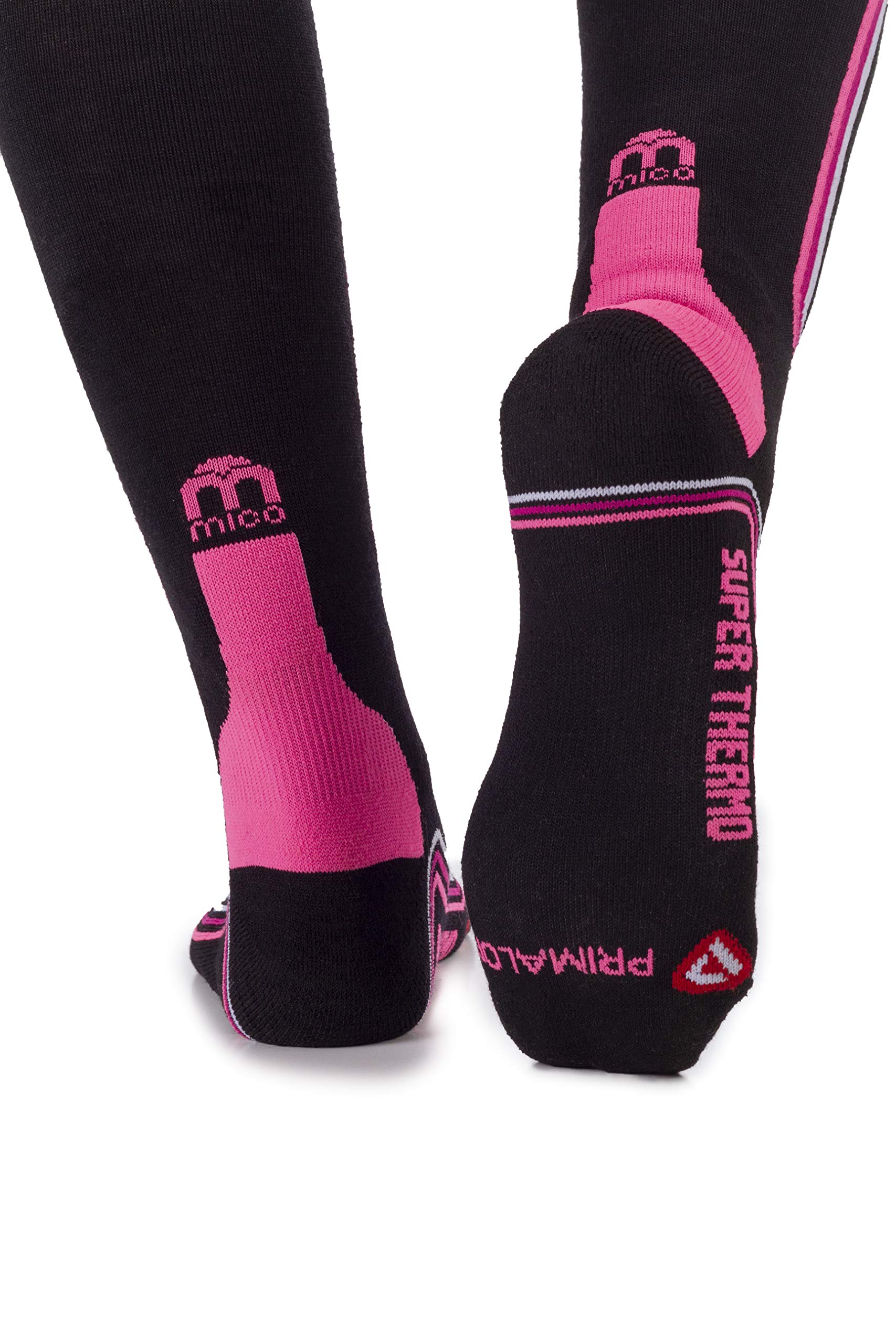 MICO CALCETINES DE ESQUI' SUPERTHERMO PRIMALOFT en Tejido de Polipropileno Micotex + Fibra LYCRA, 100% Made in Italy, Pesado y con Poder Aislante, para Mujeres Deportes, en Color Negro Pùrpura Fluo